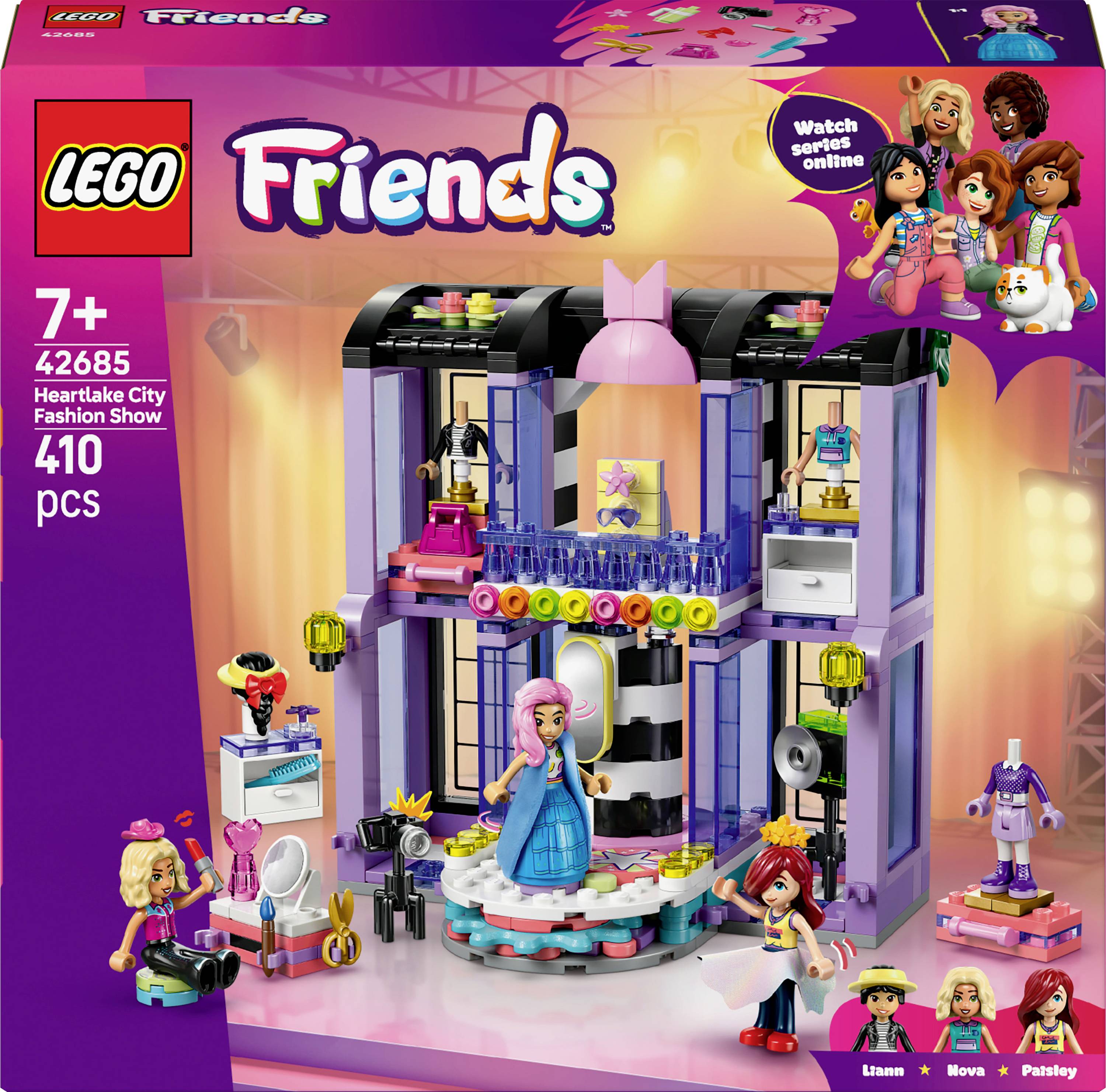 LEGO Friends Heartlake City Fashion Show set with stage, models, audience, and accessories; features characters, 410 pieces, ages 7+.