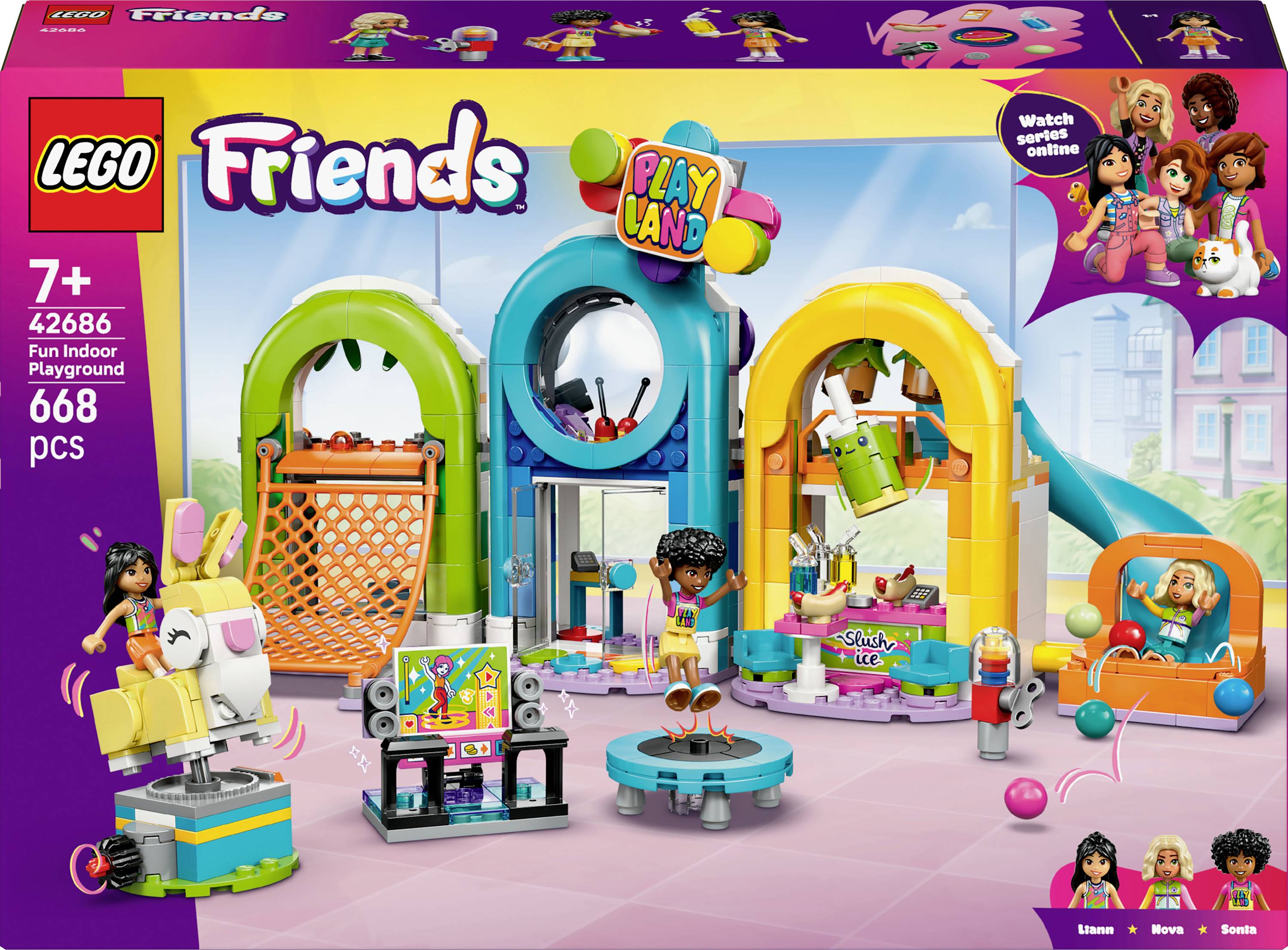 LEGO Friends Fun Indoor Playground set for ages 7+, containing 668 pieces. Includes colorful play areas, figures, and interactive elements.
