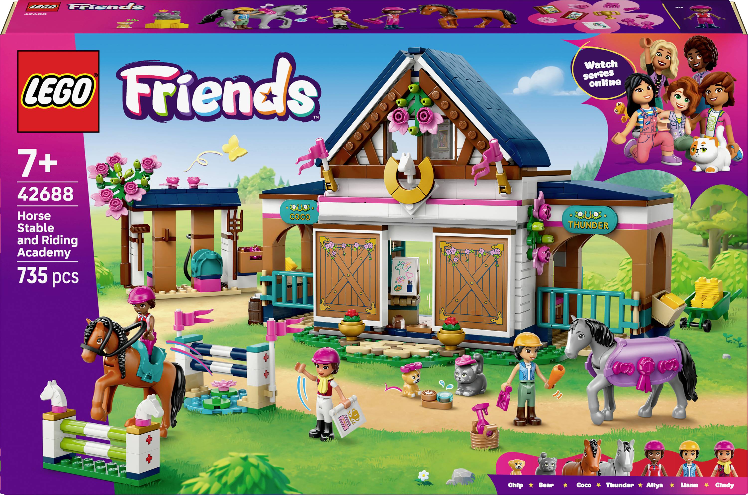 Lego Friends Horse Stable and Riding Academy set for ages 7+, featuring a stable, figures, and horse accessories. Contains 735 pieces.