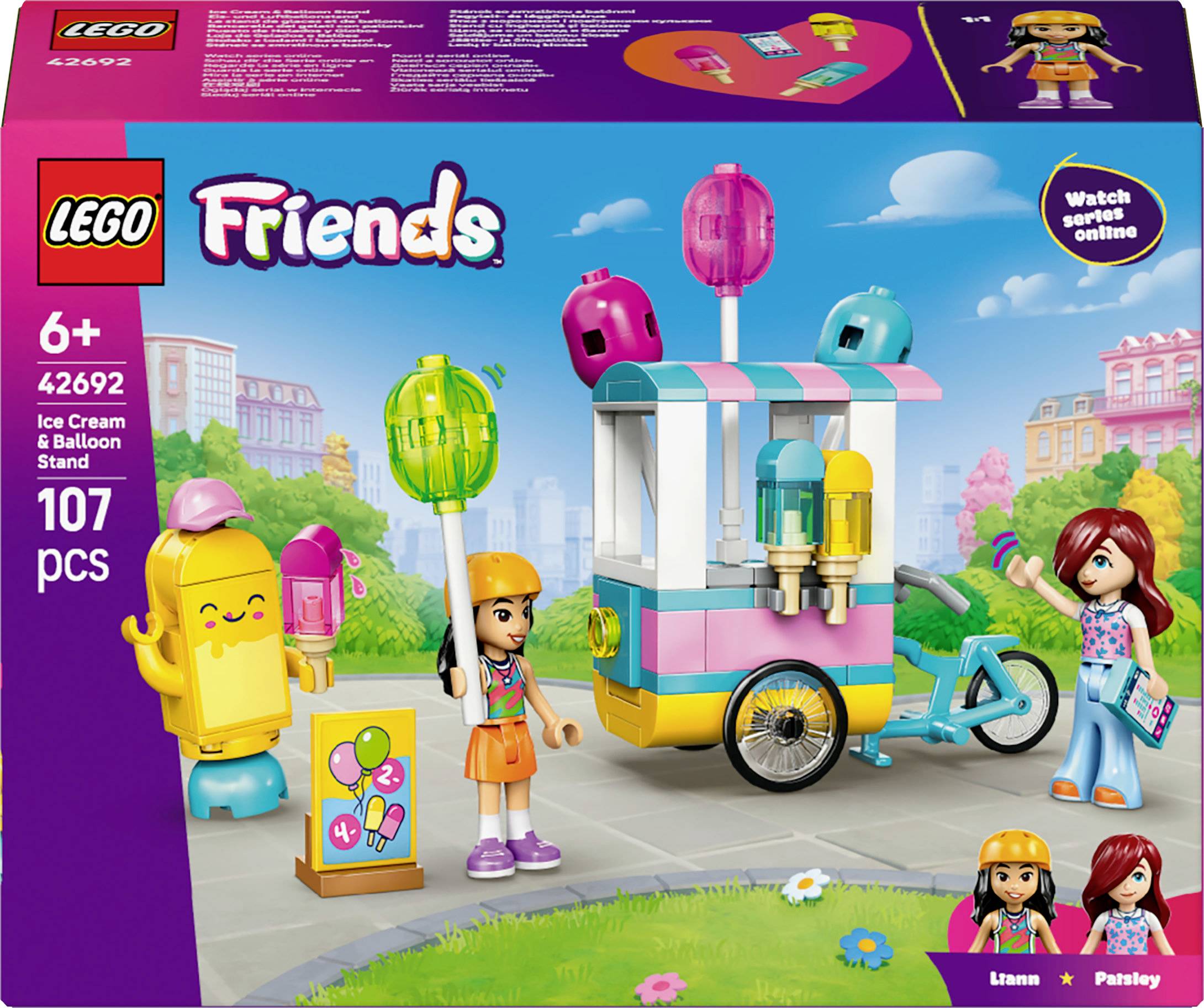 'Lego Friends Ice Cream and Balloon Stand' set for ages 6+. Includes a colorful ice cream cart, two figures, and a balloon stand.