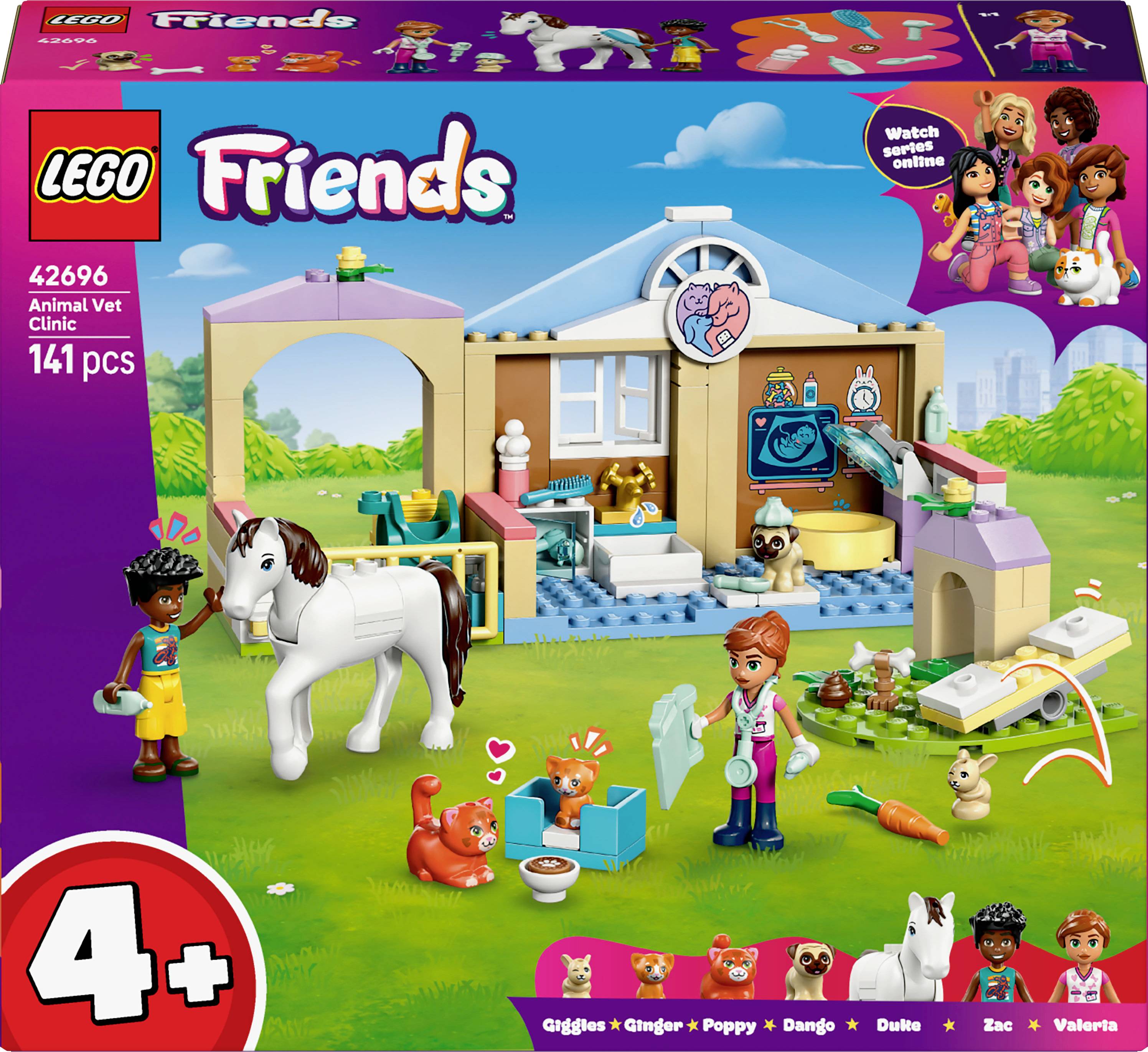 Lego Friends Animal Vet Clinic set showing a clinic scene with figures, a horse, and animals. Includes toys for children ages 4 and up.