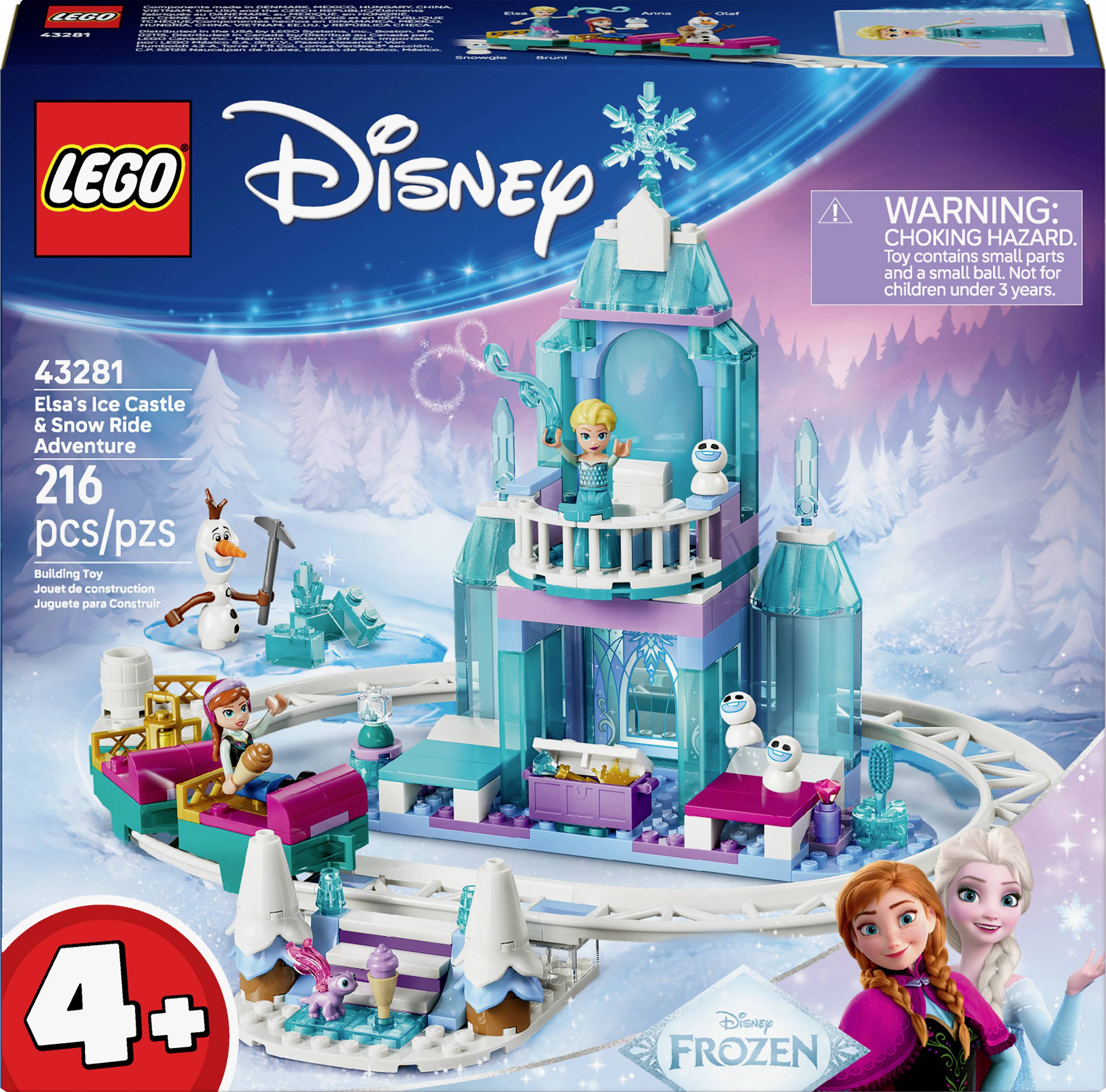 LEGO Disney 'Frozen' set featuring Elsa's Ice Castle with 216 pieces, including Olaf and Elsa mini-figures, recommended for ages 4 and up.