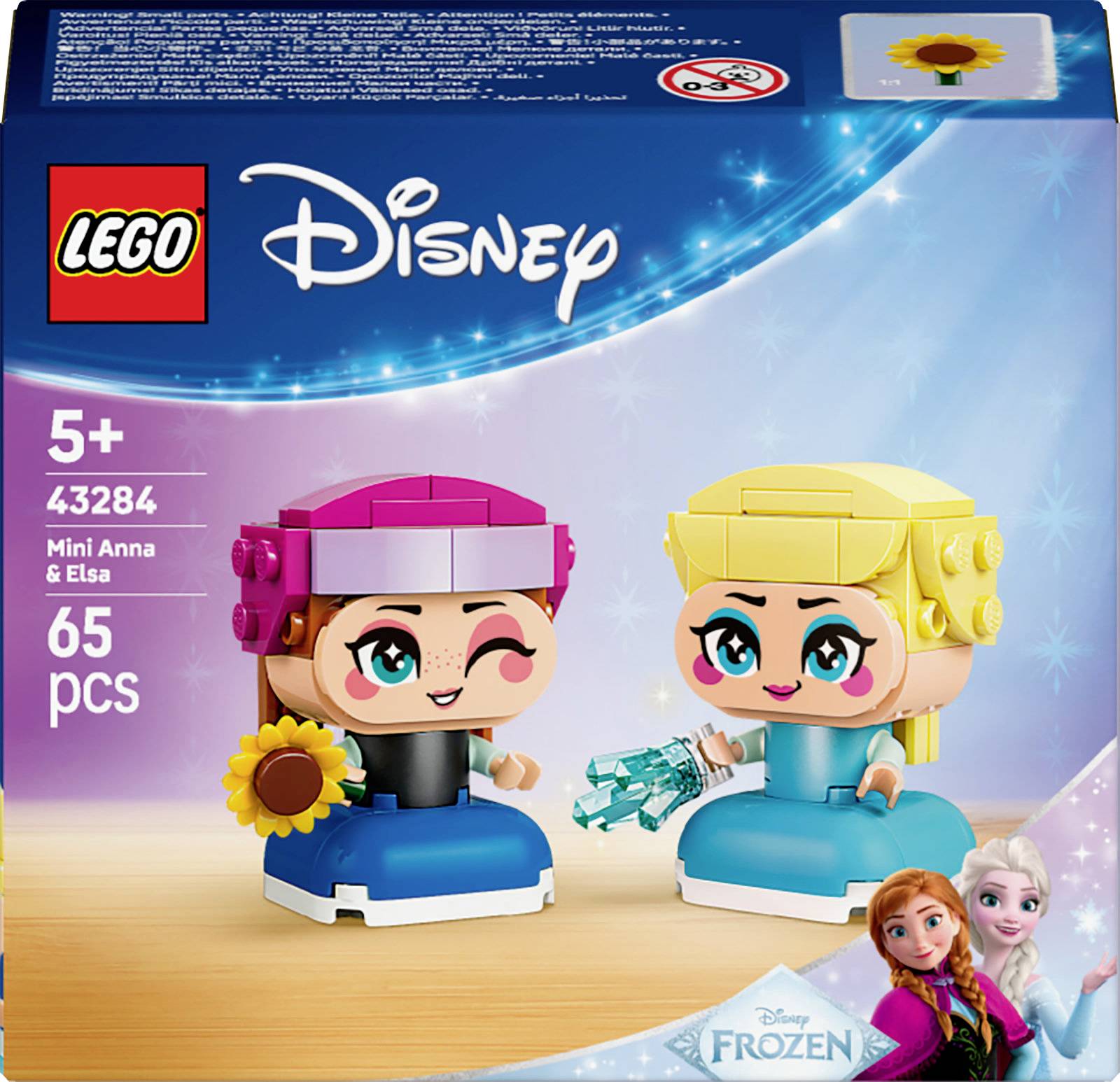 Lego Disney Mini Anna & Elsa set, suitable for ages 5+, includes 65 pieces. Box shows Anna holding a sunflower and Elsa with a snowflake.