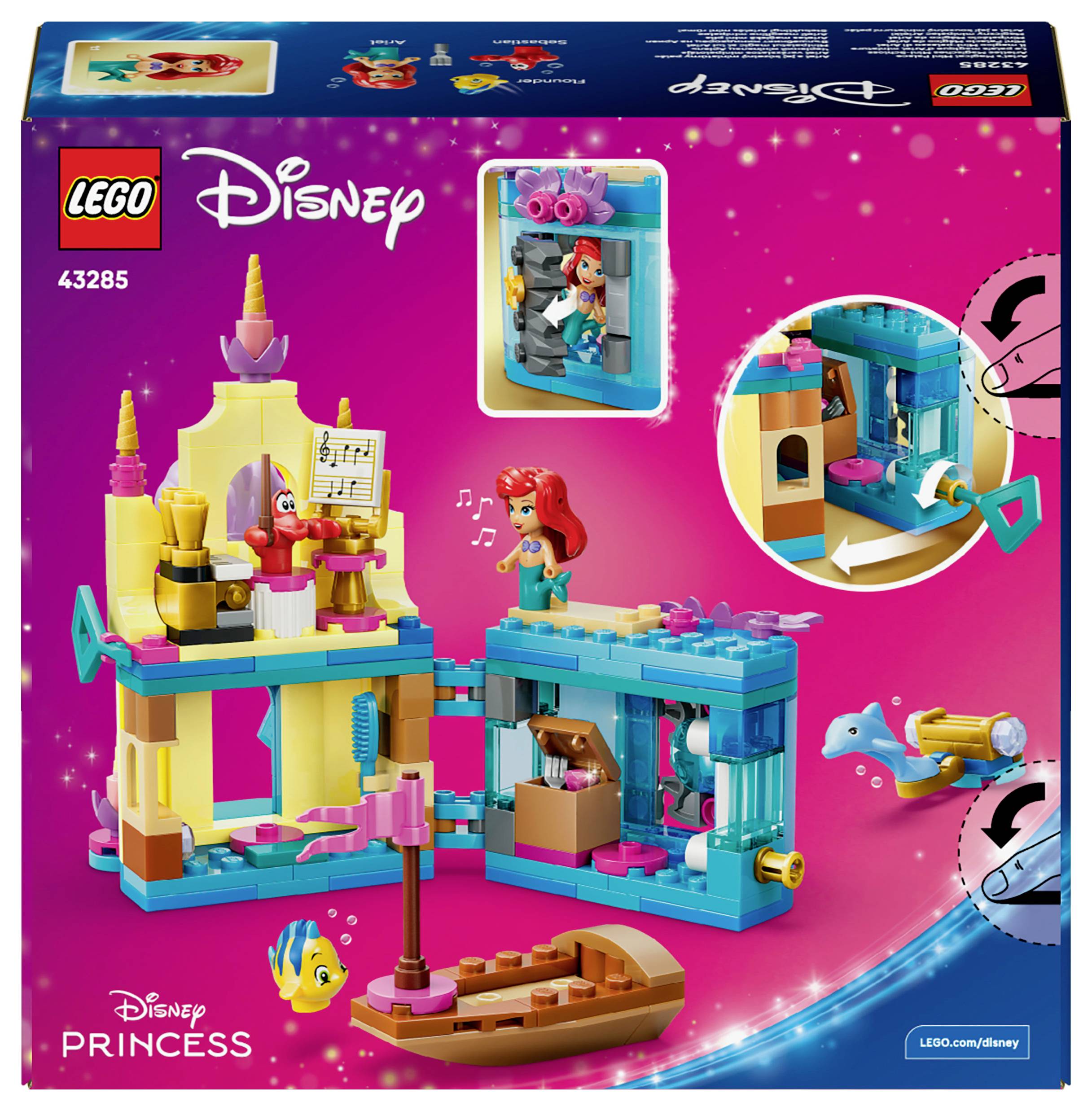 LEGO Disney Princess set featuring Ariel's castle and boat. Includes figures of Ariel, Flounder, and Sebastian with playful accessories.