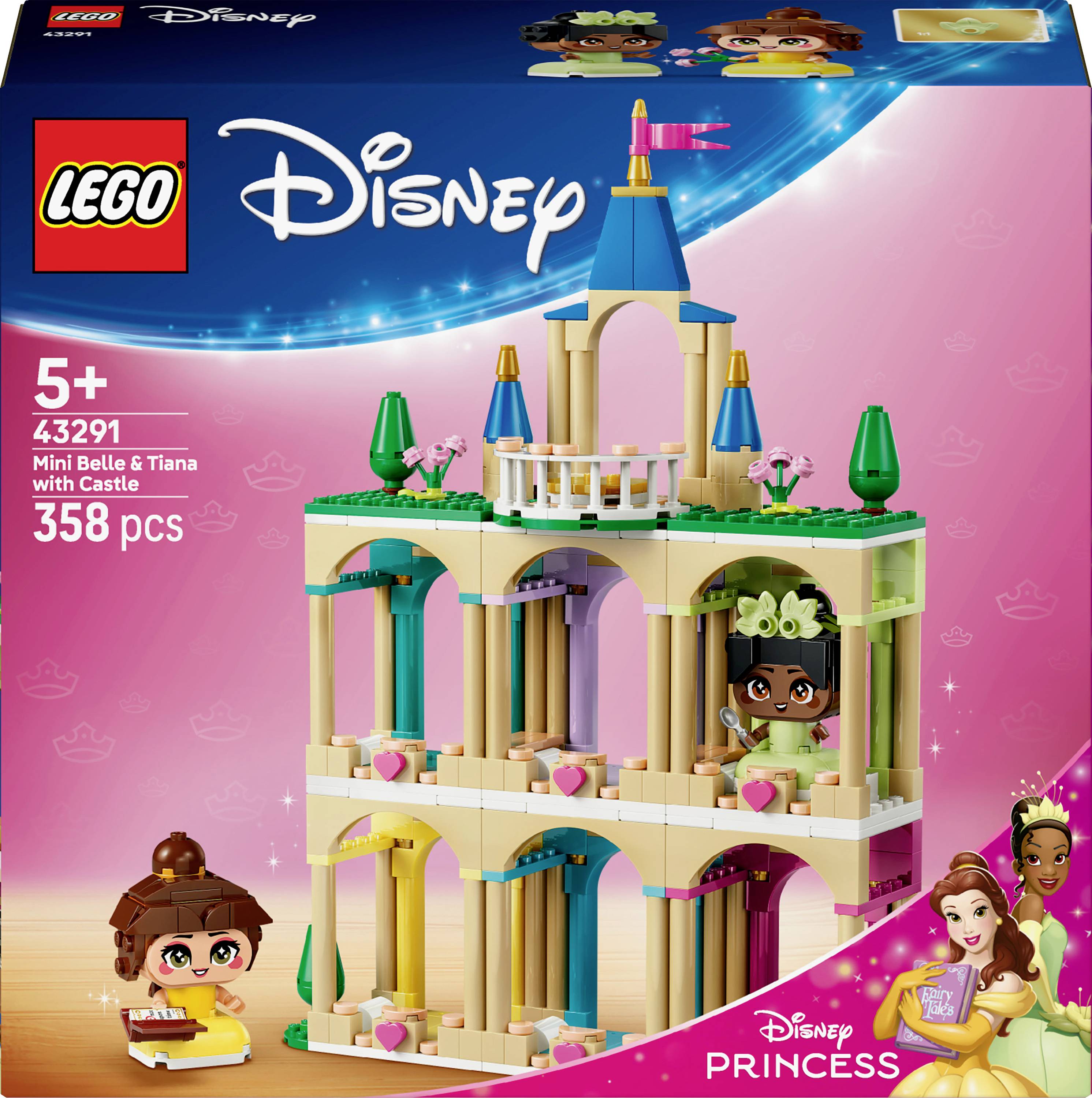 LEGO Disney Mini Belle and Tiana with Castle, set 43291, for ages 5+, includes 358 pieces. Features castle, mini figures, and accessories.