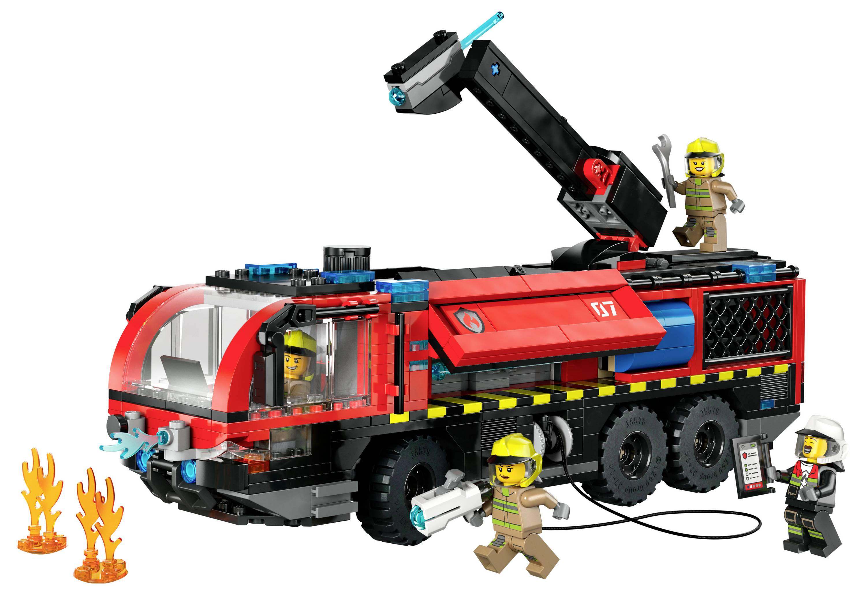A large red and black fire truck toy with firefighters using a hose to extinguish two small fires. A ladder on top carries a firefighter.