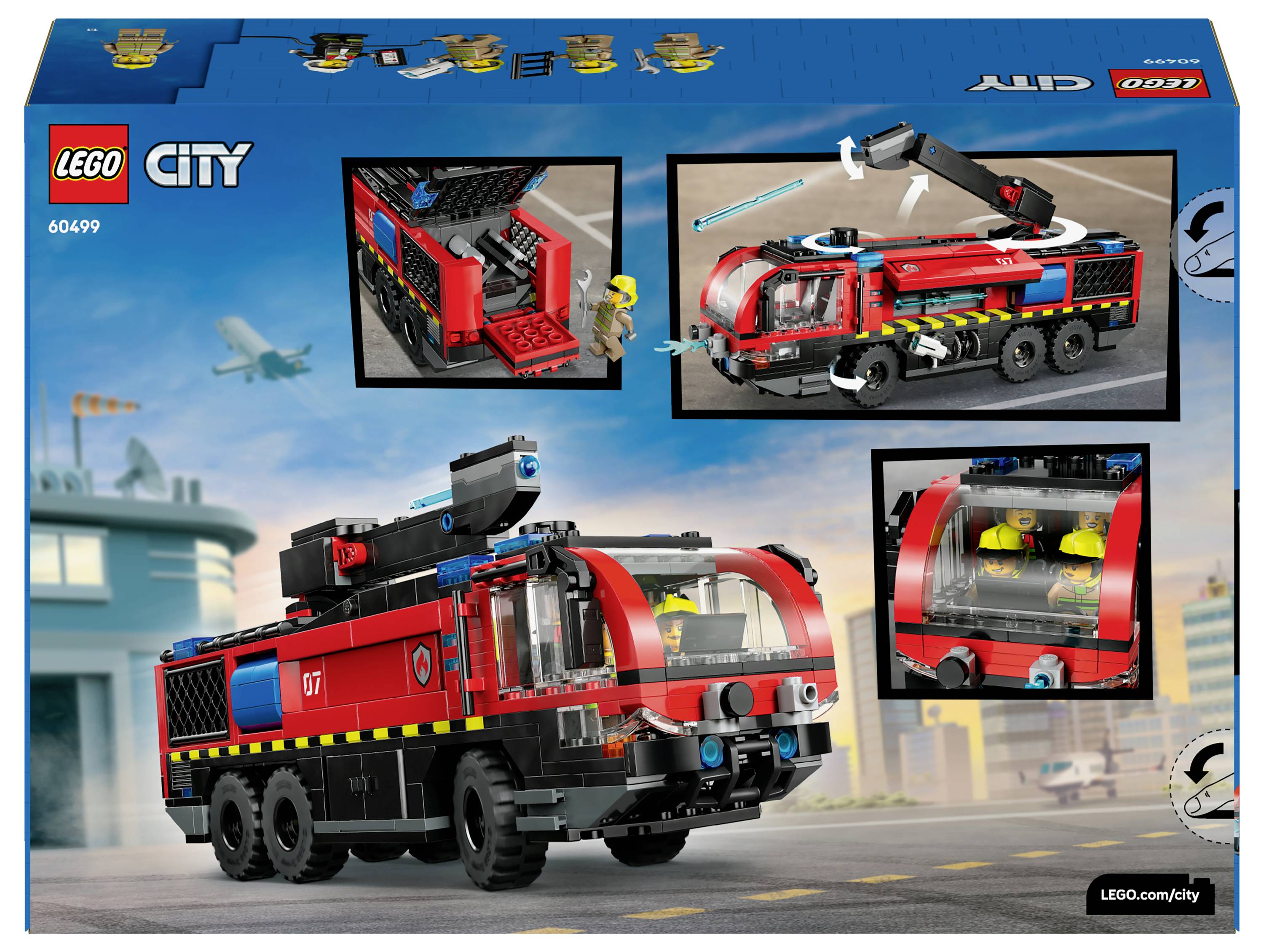 LEGO City fire truck set box featuring images of a red fire truck with extendable crane, ladder, firefighters, and airport background.