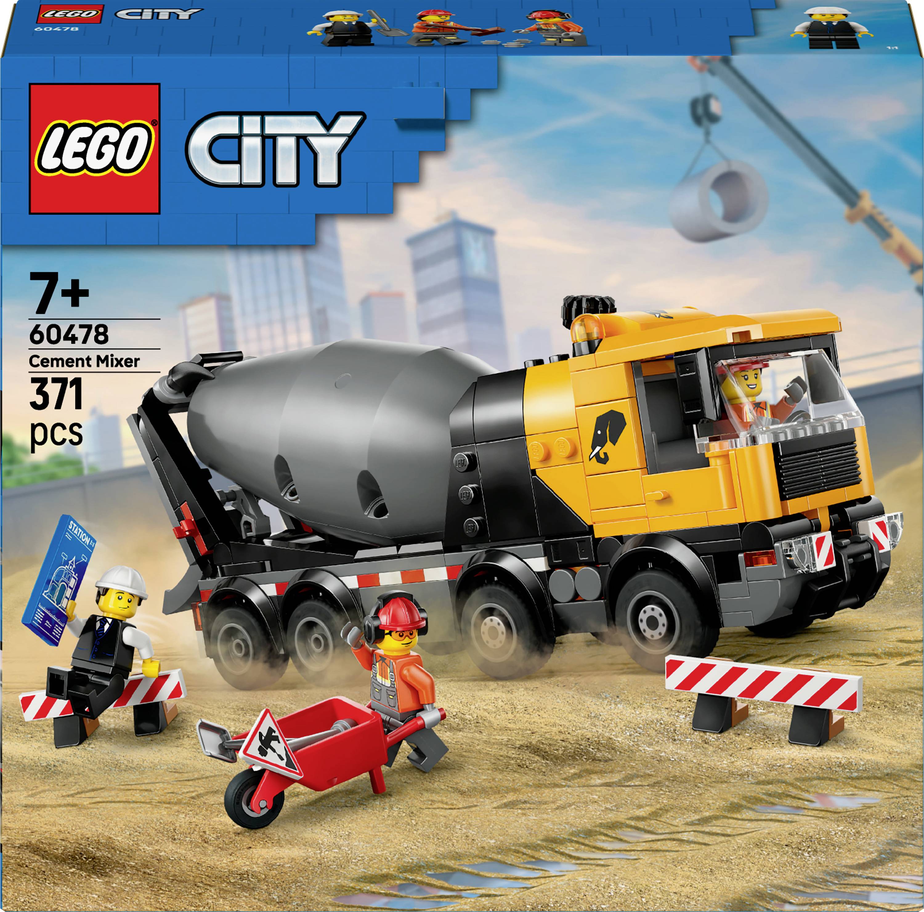 'Lego City Cement Mixer' box featuring a construction scene with a cement truck and workers. Set includes 371 pieces for ages 7+.