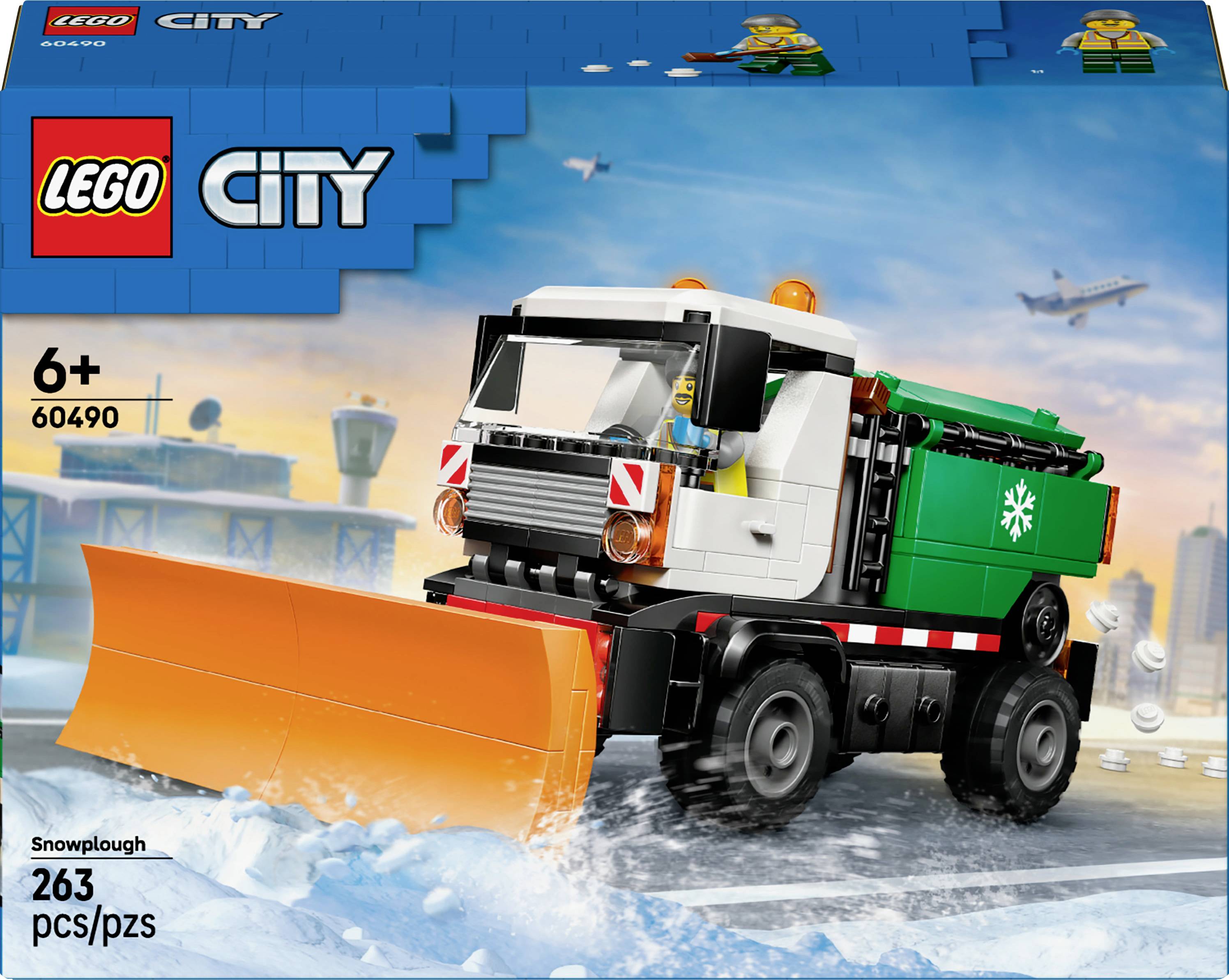 LEGO City snowplough toy set, model 60490, for ages 6+, featuring a snowplow vehicle with an orange plow, and measuring 263 pieces.