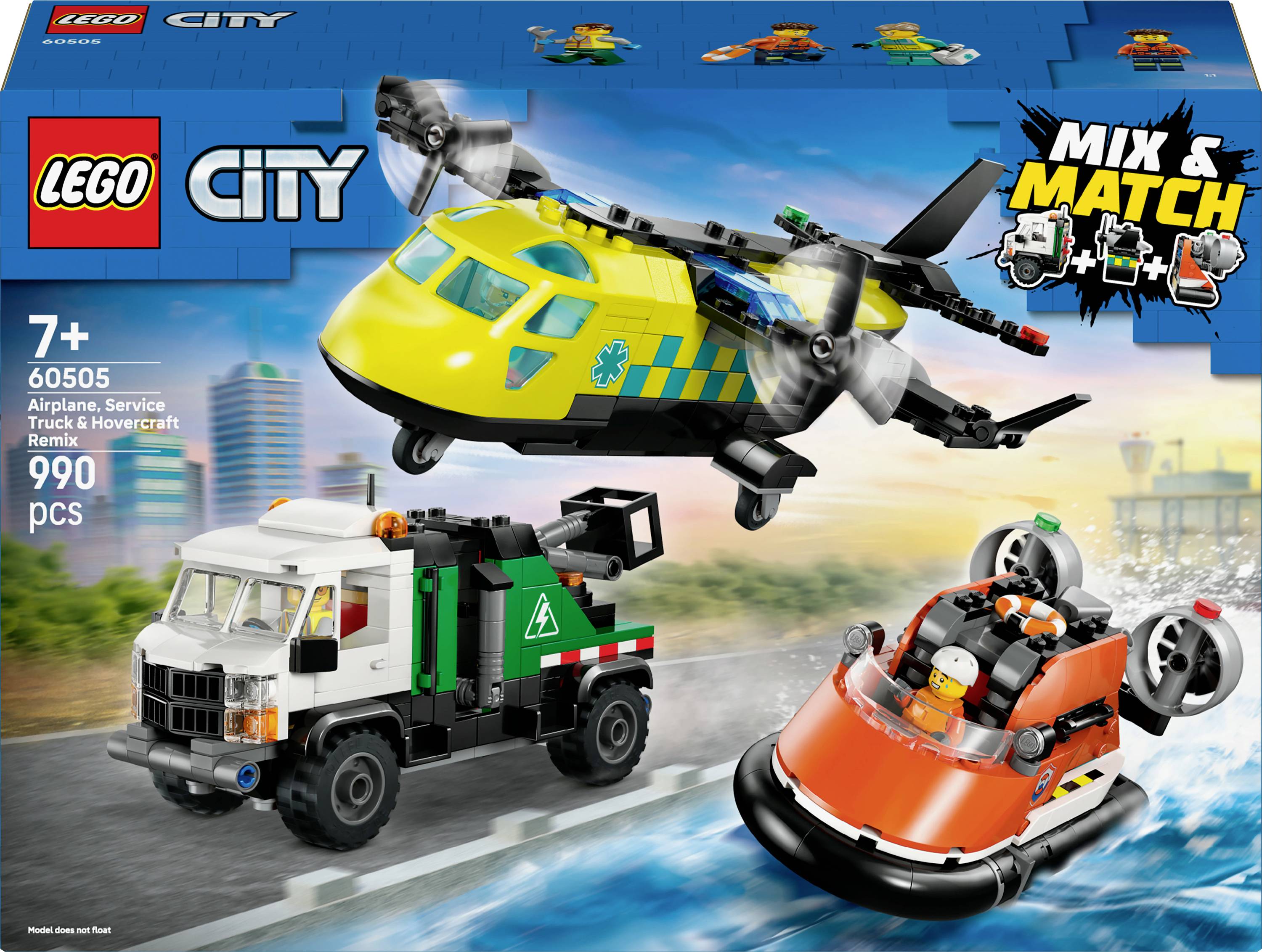 'LEGO City 60505 Airplane, Service Truck & Hovercraft Remix' featuring models of an airplane, service truck, and hovercraft for ages 7+.
