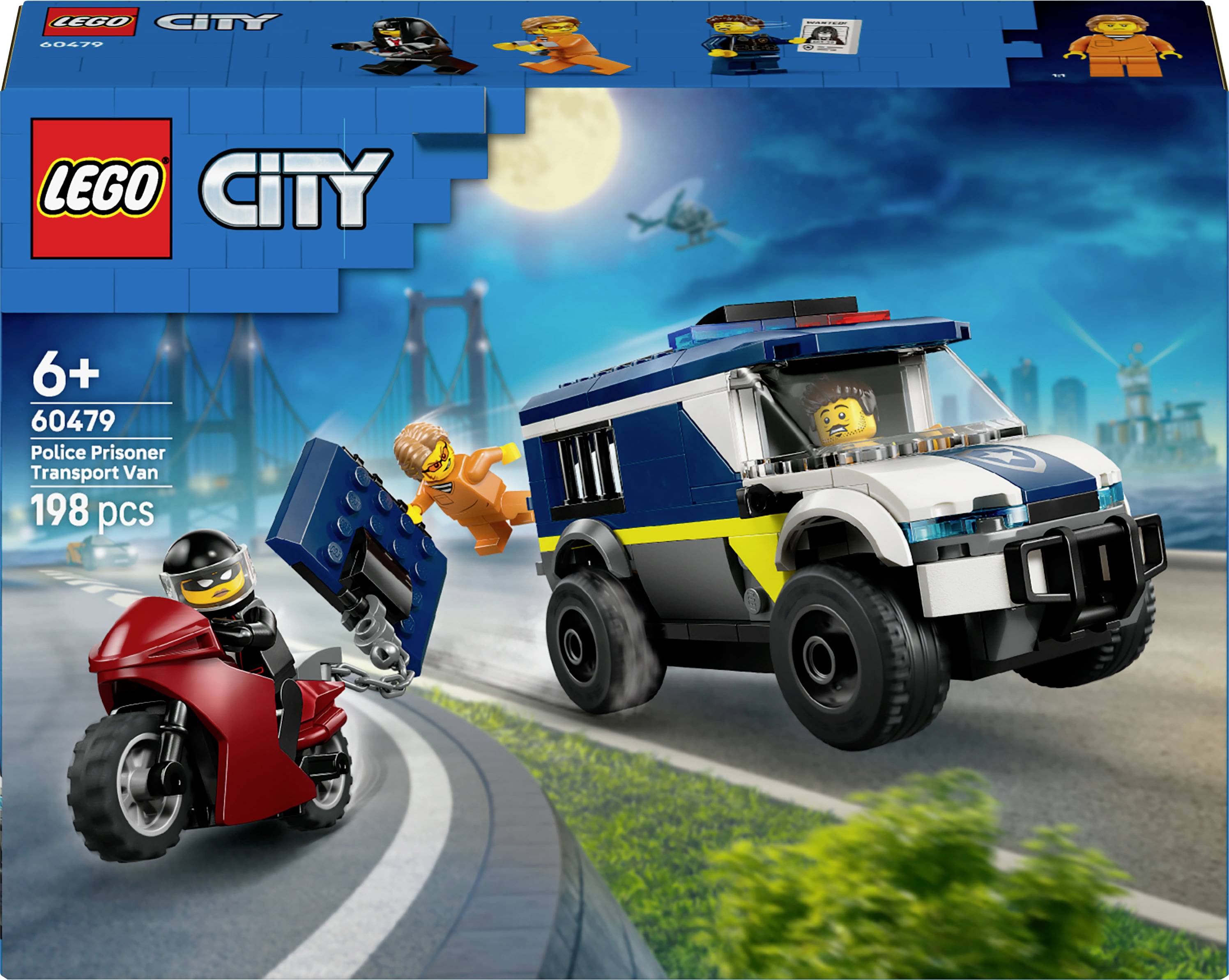 LEGO City set 60247 box showing a police van chasing a motorcyclist. Includes minifigures, a red motorcycle, and 198 pieces. Suitable for ages 6+.
