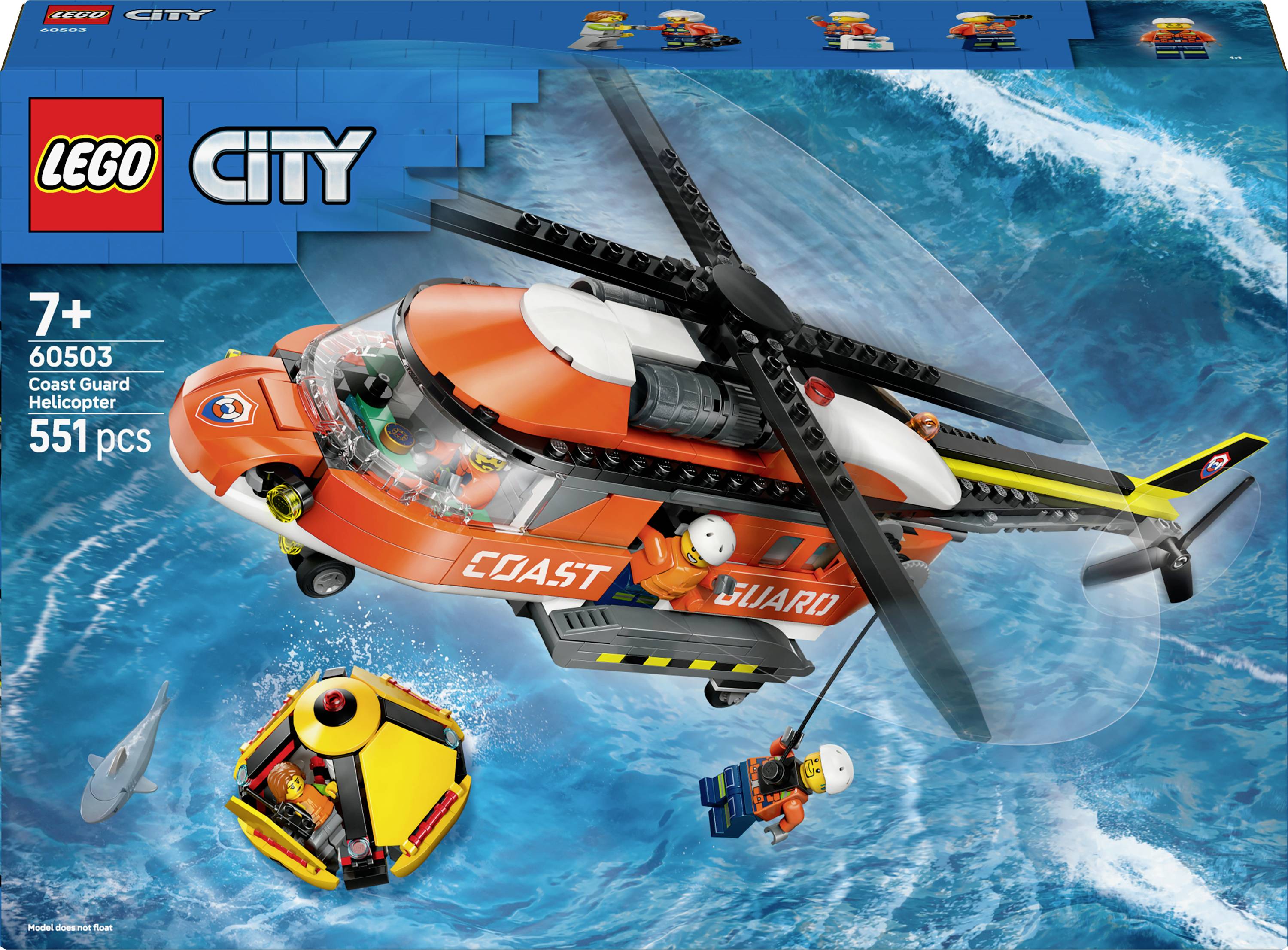 'LEGO City Coast Guard Helicopter' set for ages 7+, includes 551 pieces. Scene shows a helicopter rescuing a person from a life raft in the ocean.