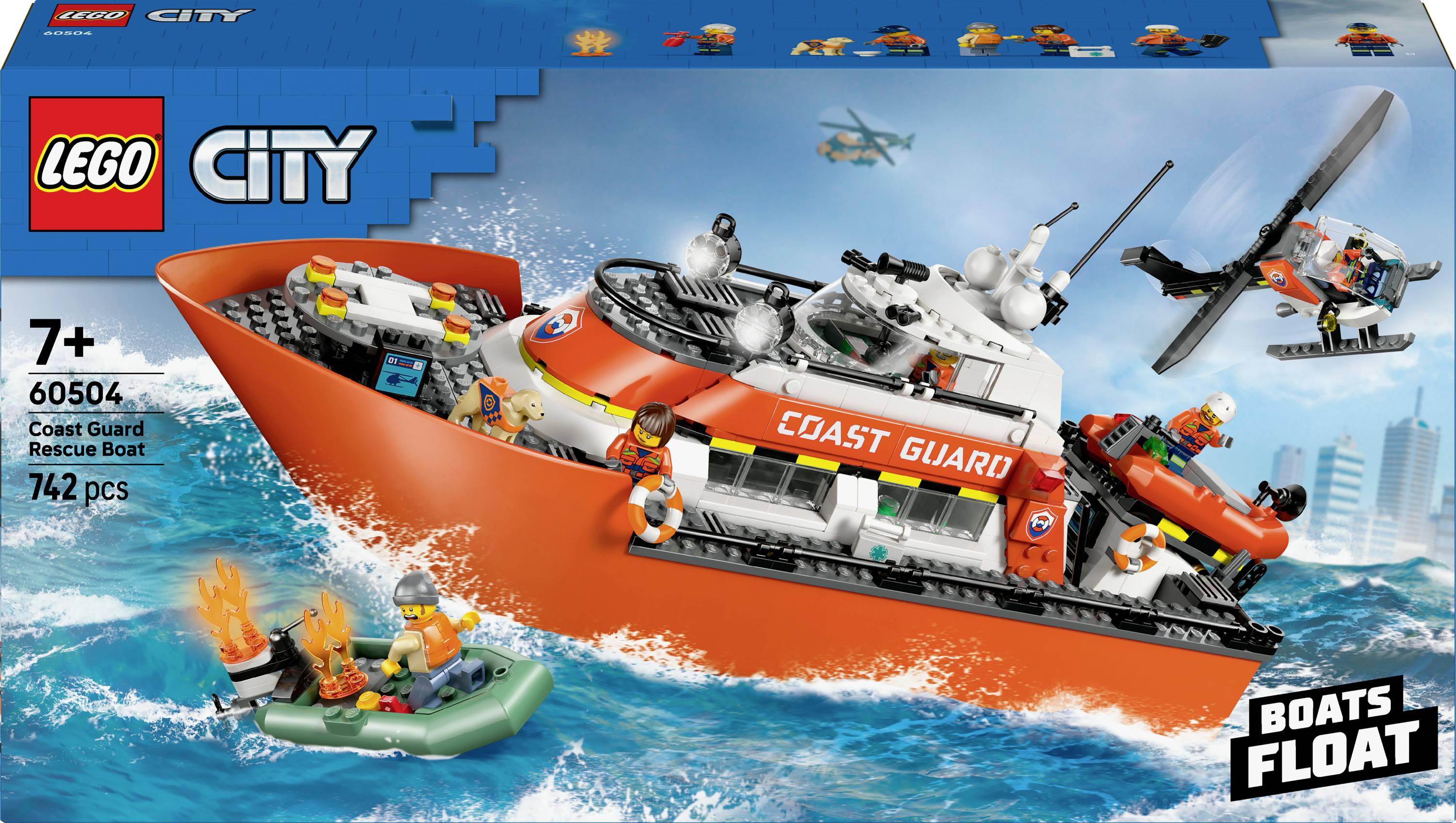 LEGO City Coast Guard Rescue Boat set. Features a large boat with 'Coast Guard' text, helicopter, and figures in a water rescue scene.