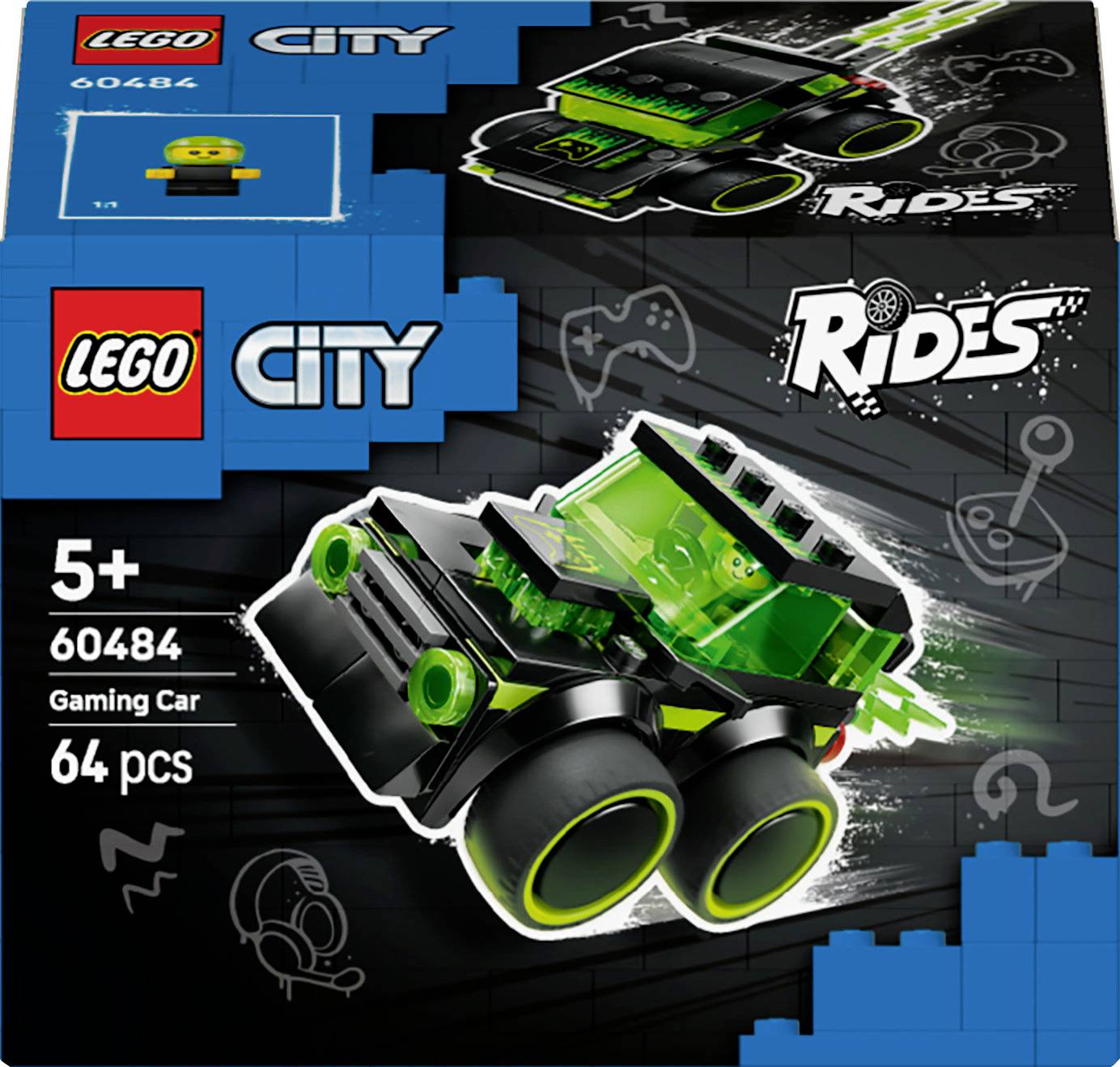 'LEGO City' gaming car set box, for ages 5+, includes 64 pieces, featuring a black and green vehicle.