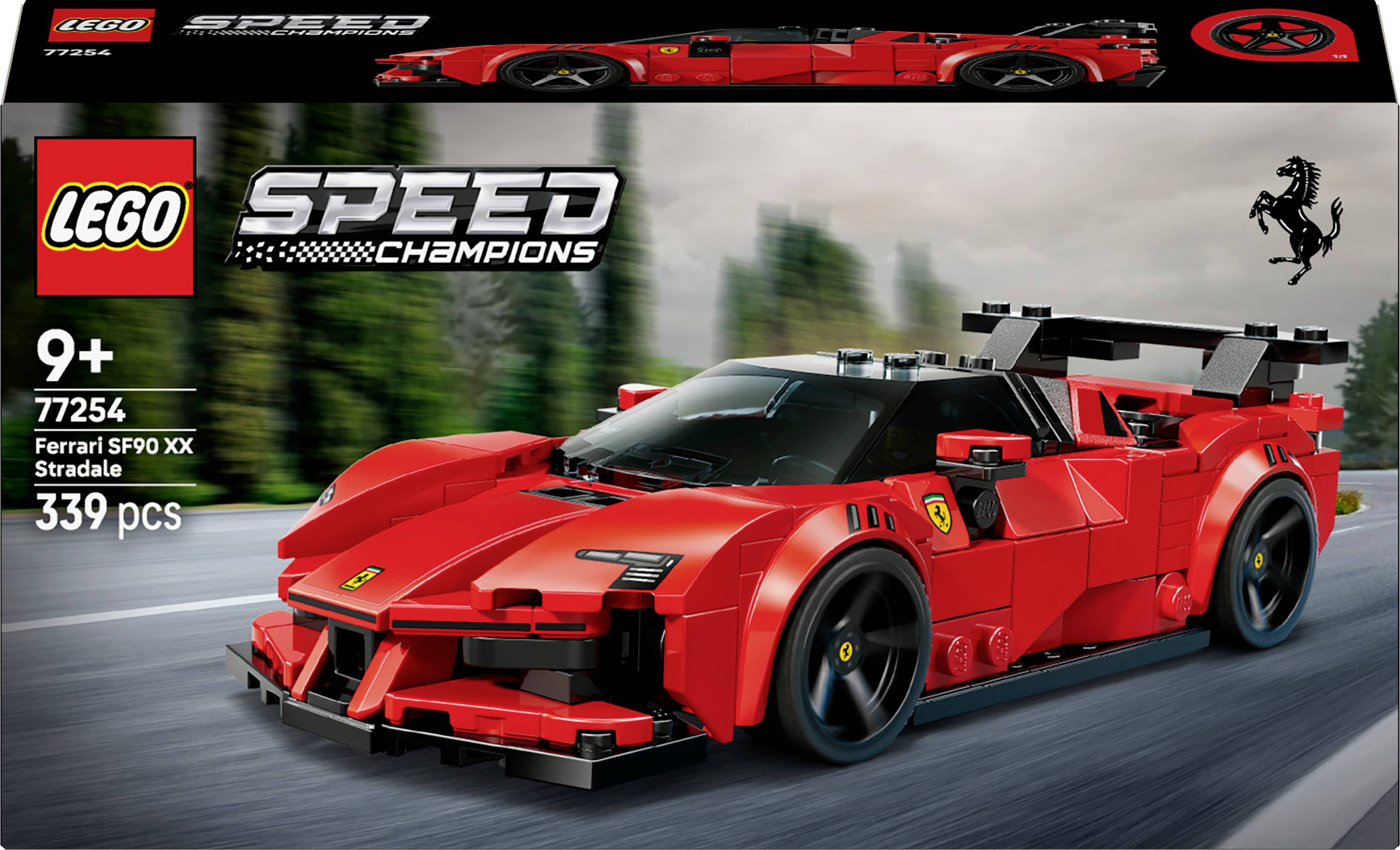 LEGO Speed Champions set featuring a red Ferrari SF90 XX Stradale model; for ages 9+, 339 pieces depicted on a racetrack background.