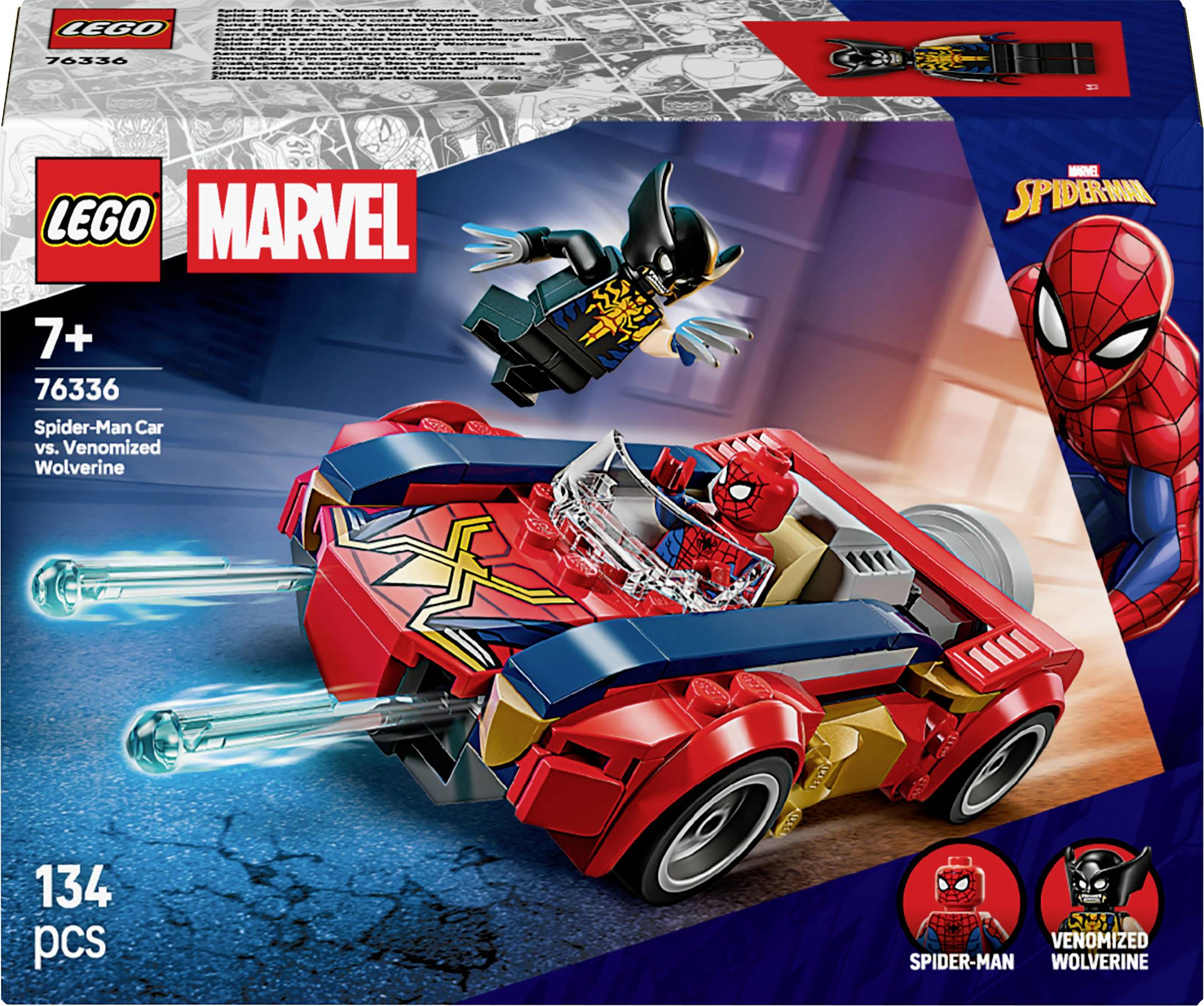 LEGO Marvel Spider-Man Car vs. Venomized Wolverine set, 134 pieces, for ages 7+. Features Spider-Man and Venomized Wolverine figures.