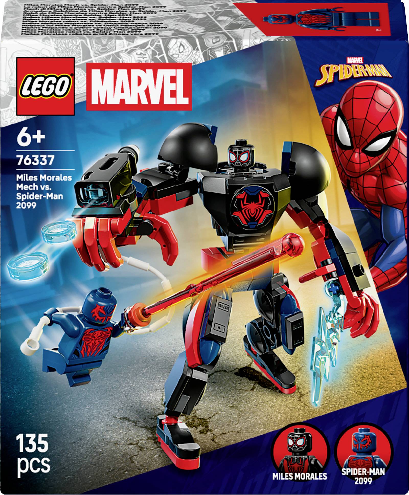 Lego Marvel set for ages 6+, featuring Miles Morales and Spider-Man 2099 mechs with accessories, 135 pieces.