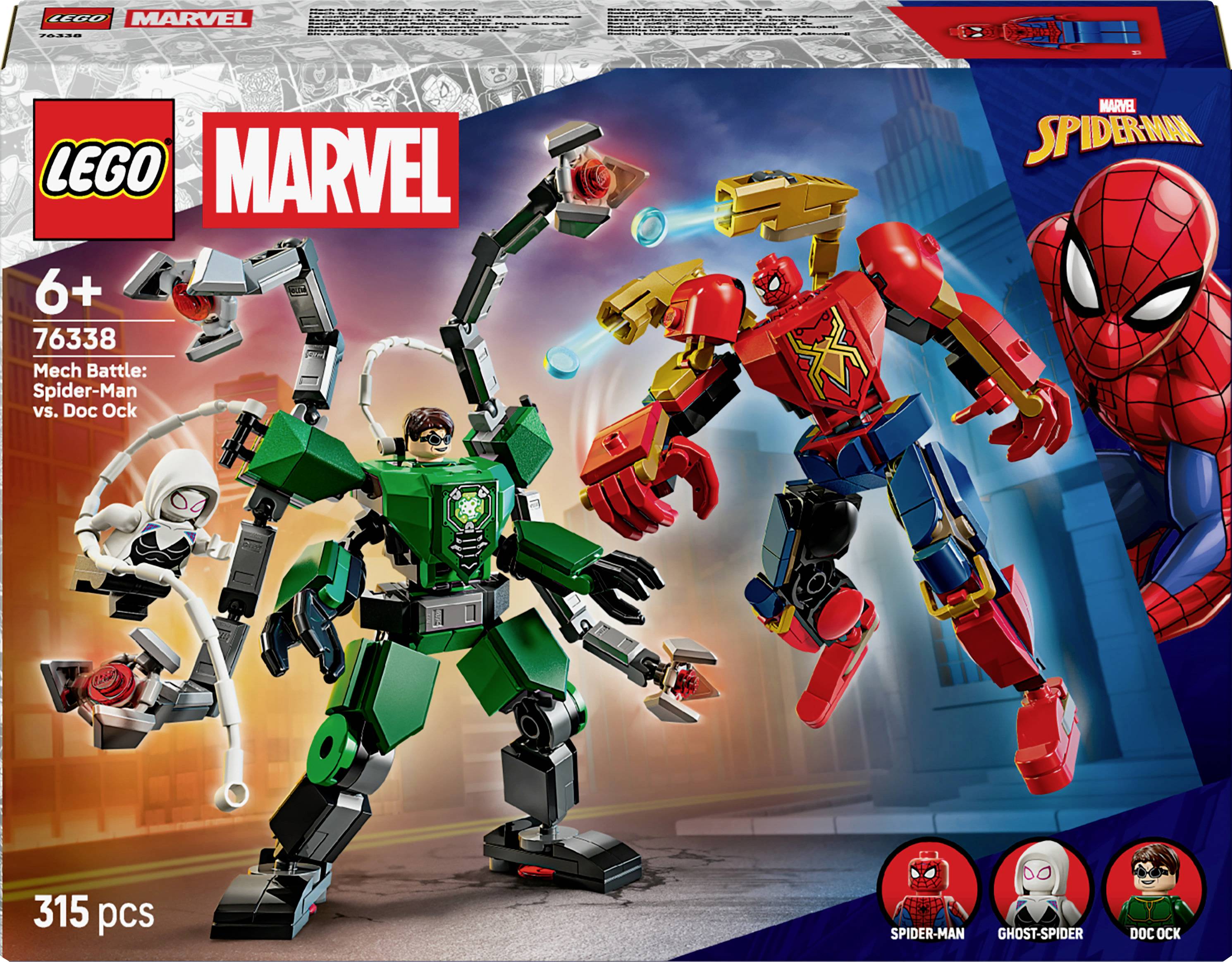 LEGO Marvel set showing Spider-Man and Doc Ock mech battle. Includes Spider-Man, Ghost Spider, and Doc Ock minifigures. Suitable for ages 6+.