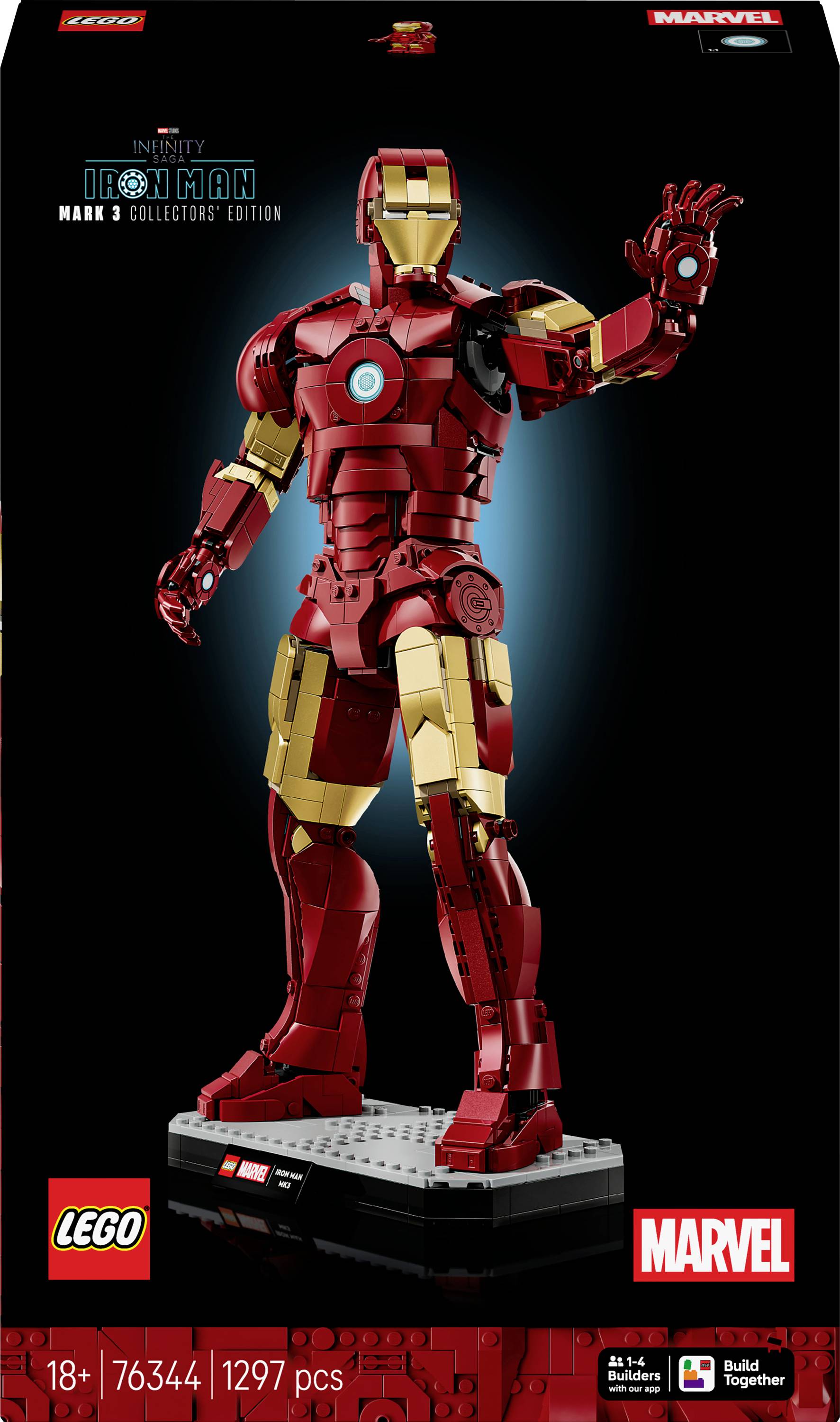 Lego Marvel Iron Man Mark 3 set with 1297 pieces, recommended for ages 18+. Features a detailed Iron Man suit on a display base.