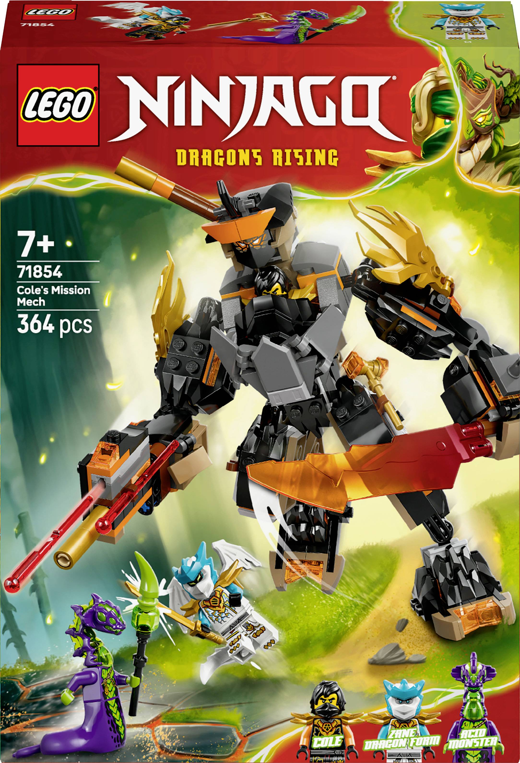 Box cover of 'LEGO Ninjago Dragons Rising: Cole's Mission Mech' set. Shows a large, robotic mech and characters with weapons. For ages 7+.