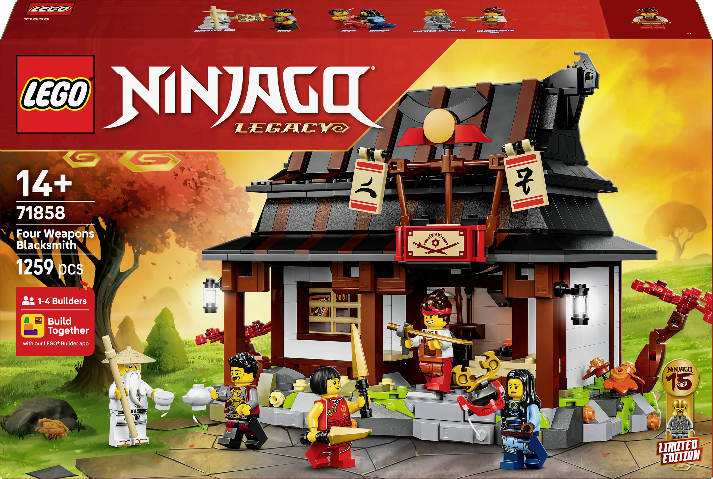 A LEGO Ninjago set, 'Four Weapons Blacksmith', for ages 14+, contains 1259 pieces. It features a Japanese-style building with four minifigures.