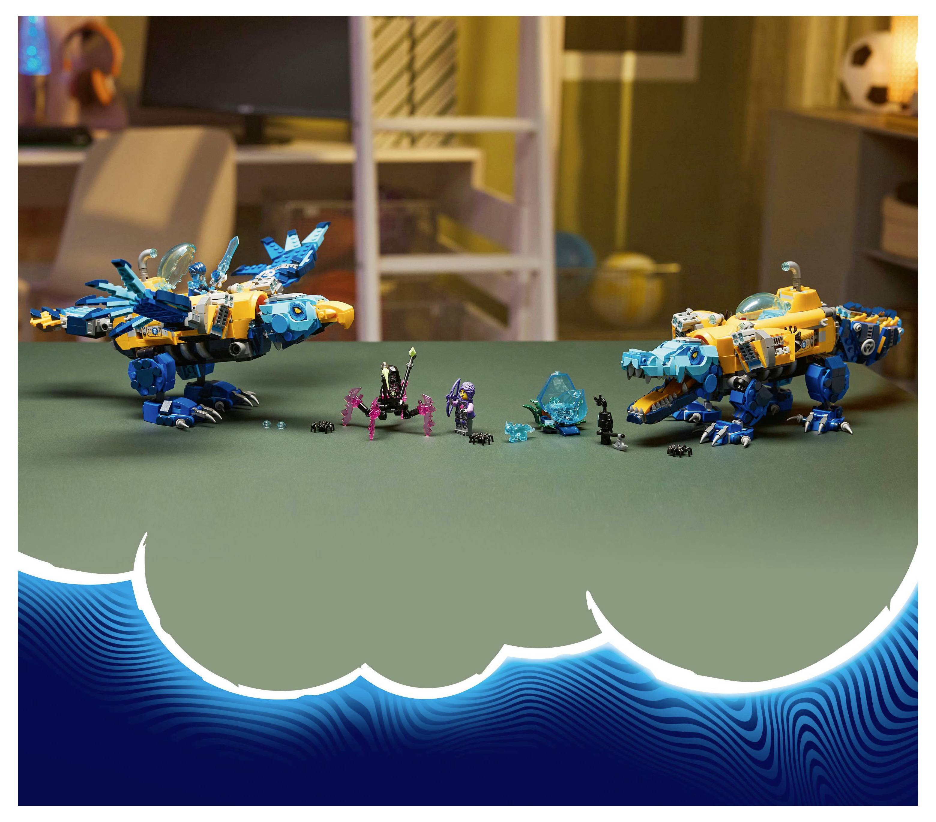 Two robot dinosaur toys facing each other on a table, surrounded by small action figures and a blue crystal. The room appears playful and colorful.