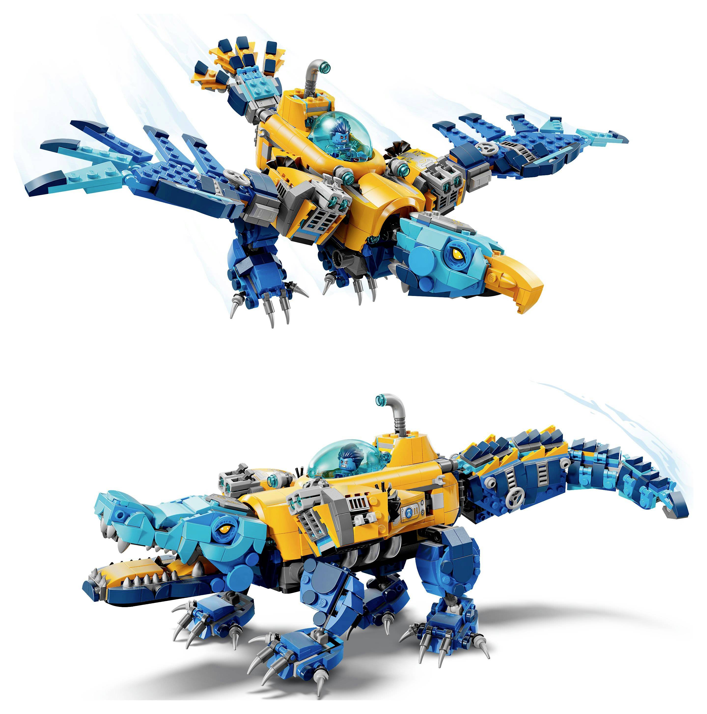 Two toy models: top is a flying bird with a cockpit and claws, bottom is a dinosaur with wings and a cockpit. Both are blue and orange.