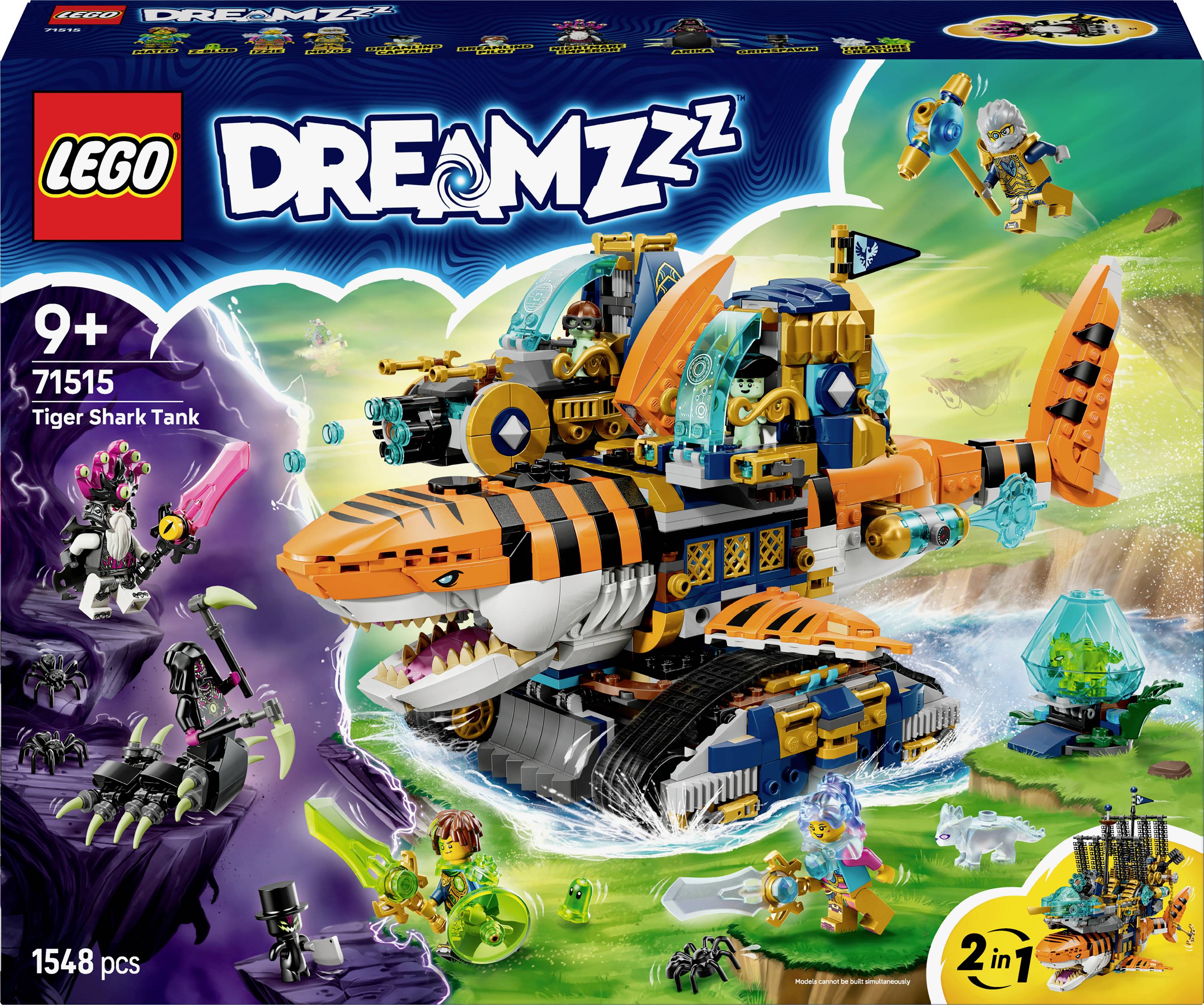 LEGO Dreamzzz set 71515 'Tiger Shark Tank' for ages 9+, features a colorful shark-themed vehicle with two build options and figurines.