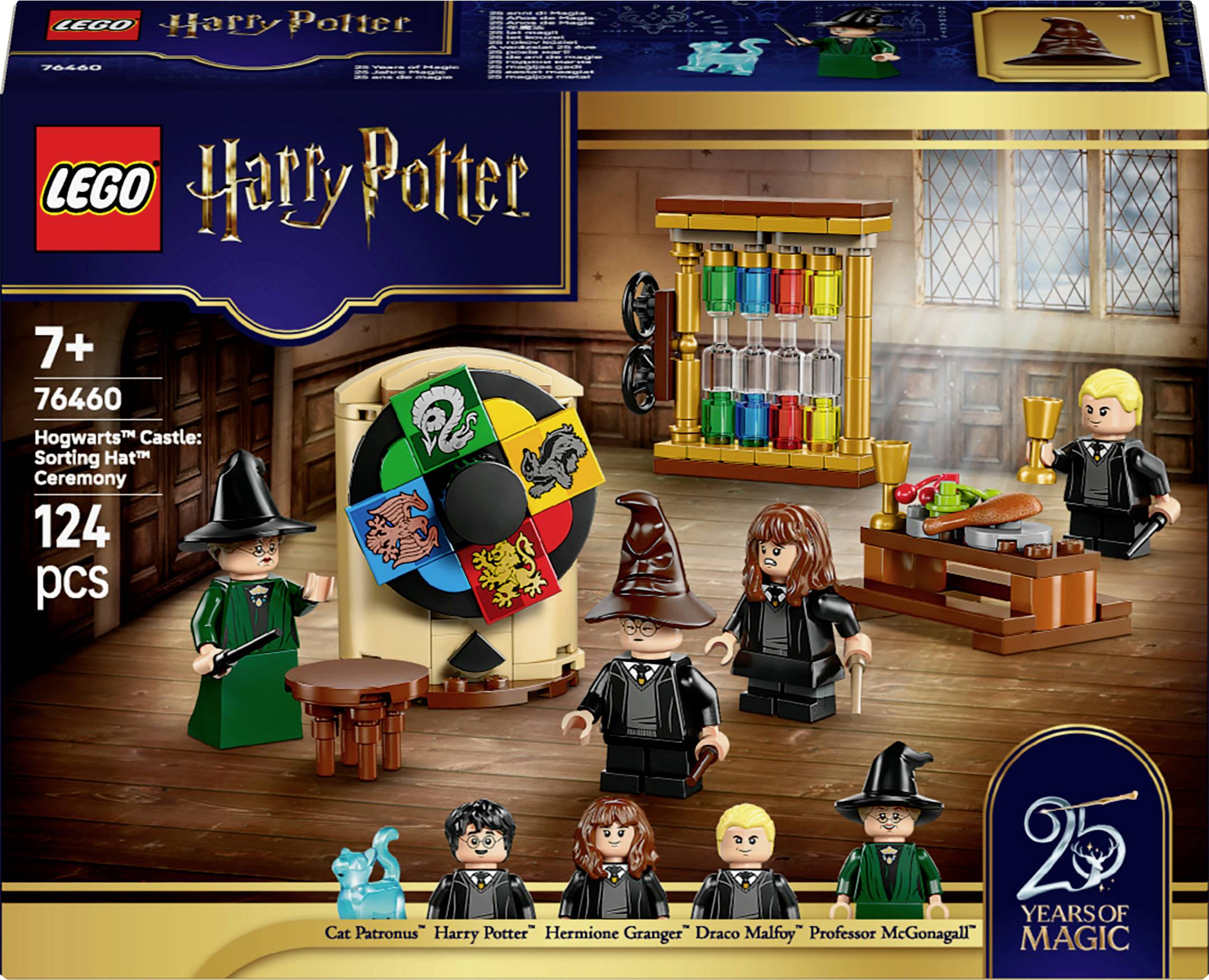LEGO Harry Potter toy set featuring a Sorting Hat ceremony. Includes figures: Harry Potter, Hermione Granger, Draco Malfoy, Professor McGonagall.