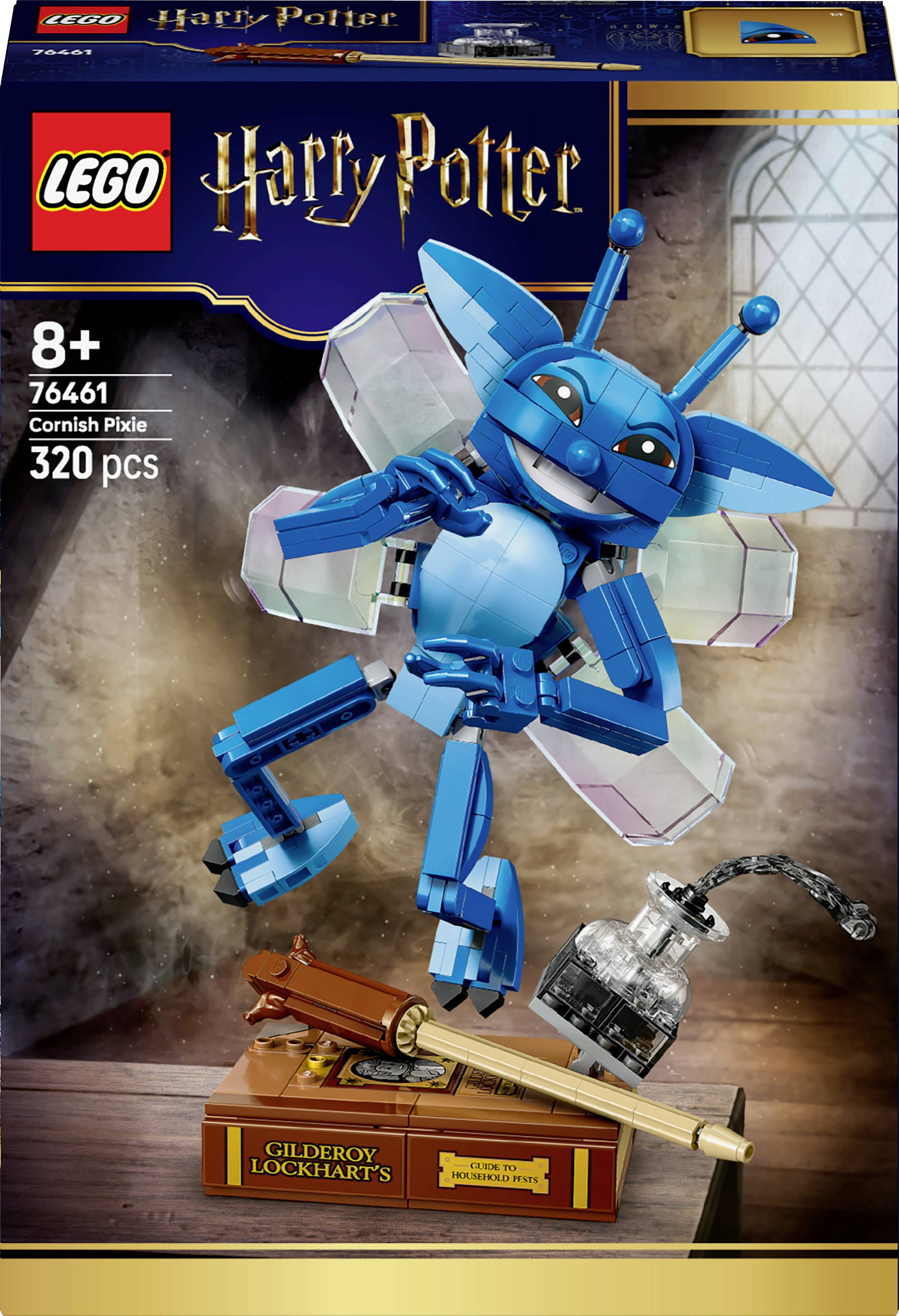 LEGO Harry Potter 320-piece set for ages 8+, featuring a buildable Cornish Pixie with wings, wand, and potion bottle on display stand.