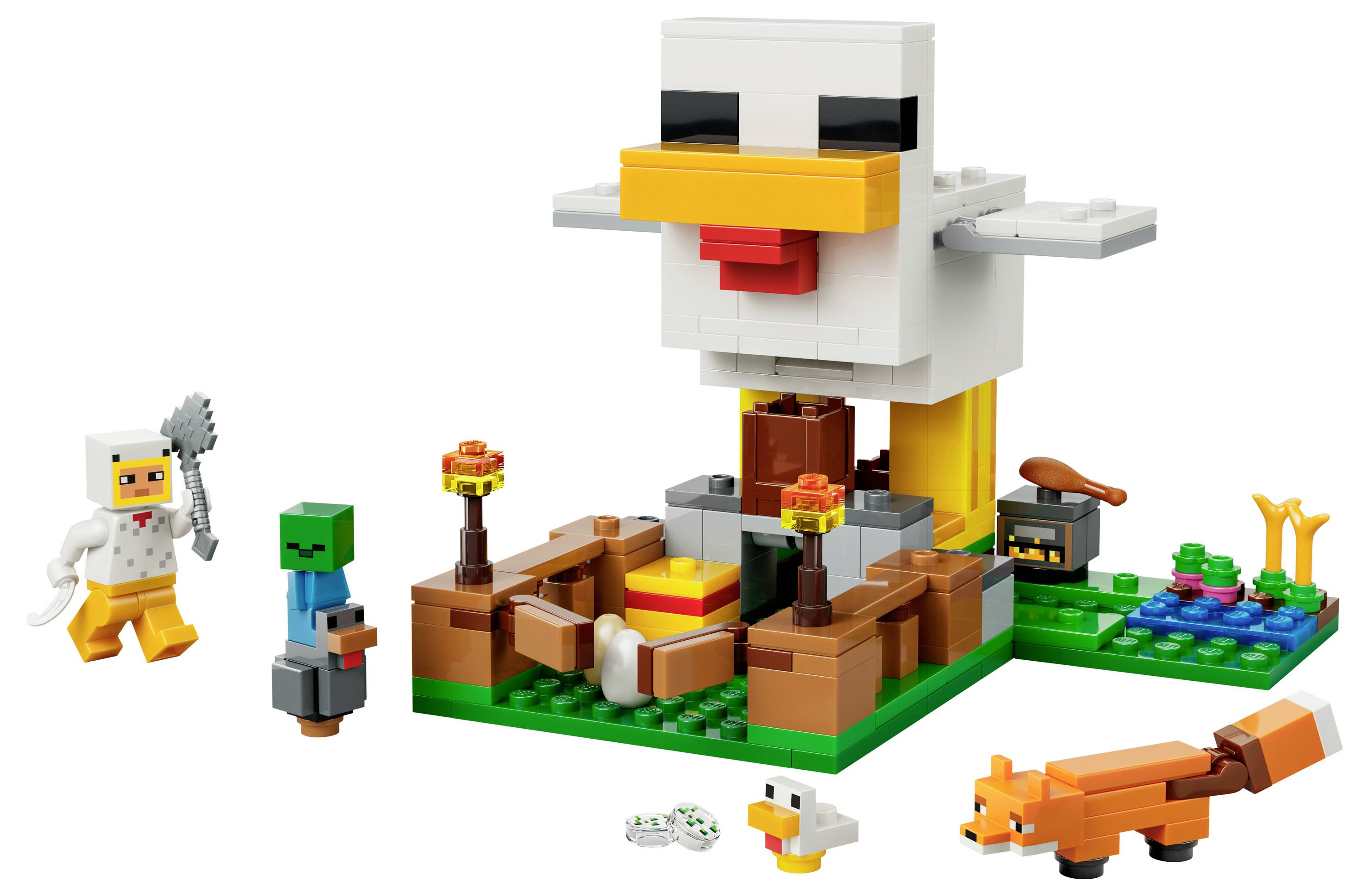 A LEGO set featuring a large chicken structure with a trapdoor, surrounded by a LEGO figurine, a baby chicken, a fox, and a zombie.