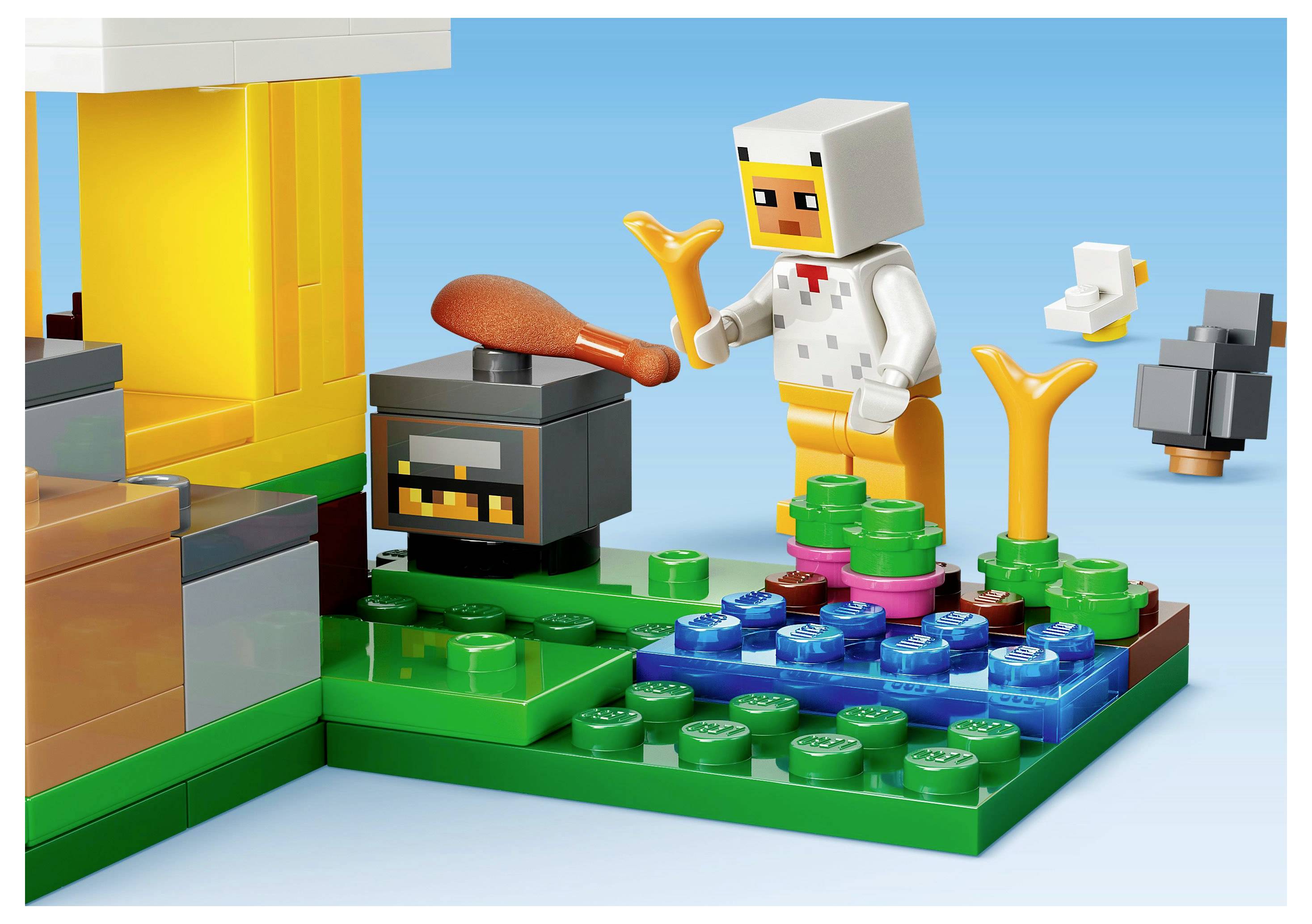 A LEGO scene with a character in a white suit cooking a chicken leg on a blocky stove, next to a small, pixelated duck.
