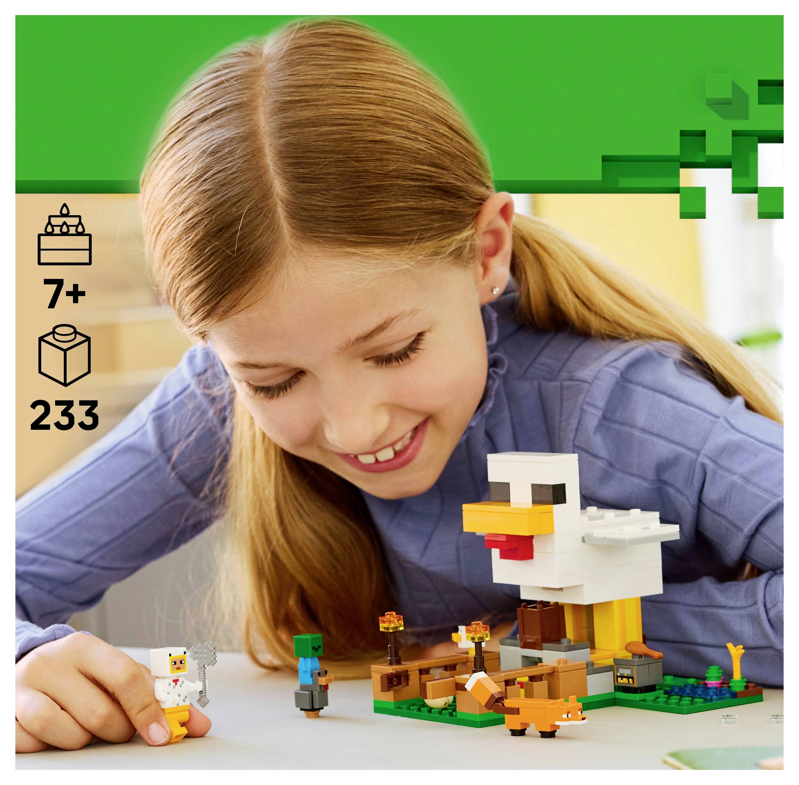A child plays with a chicken and coop building set, featuring a large chicken figure and smaller elements. Age recommendation: 7+, pieces: 233.