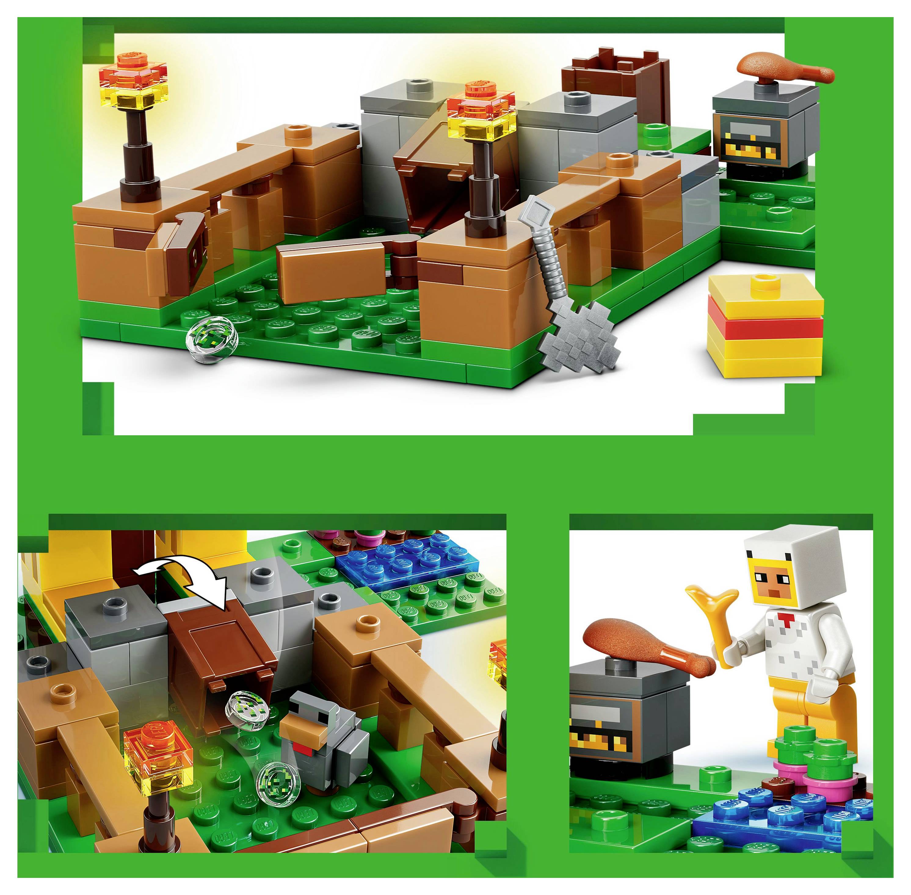 Lego set depicting a Minecraft scene with a figure in a chicken costume, a torch-lit cave, and blocks resembling cooked chicken and a chest.