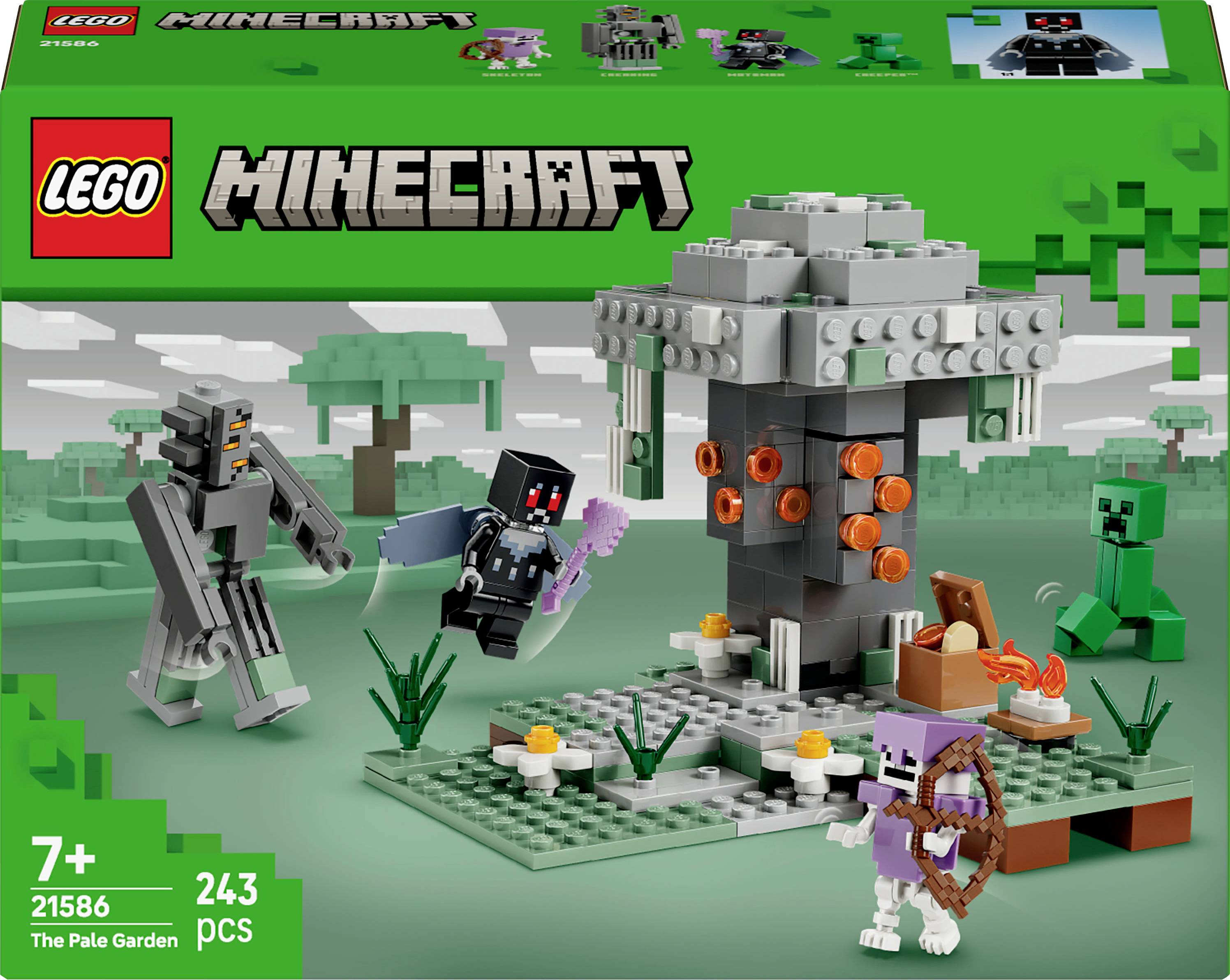 'Lego Minecraft' set 21586 box showing characters and a garden scene with 243 pieces, suitable for ages 7 and up.