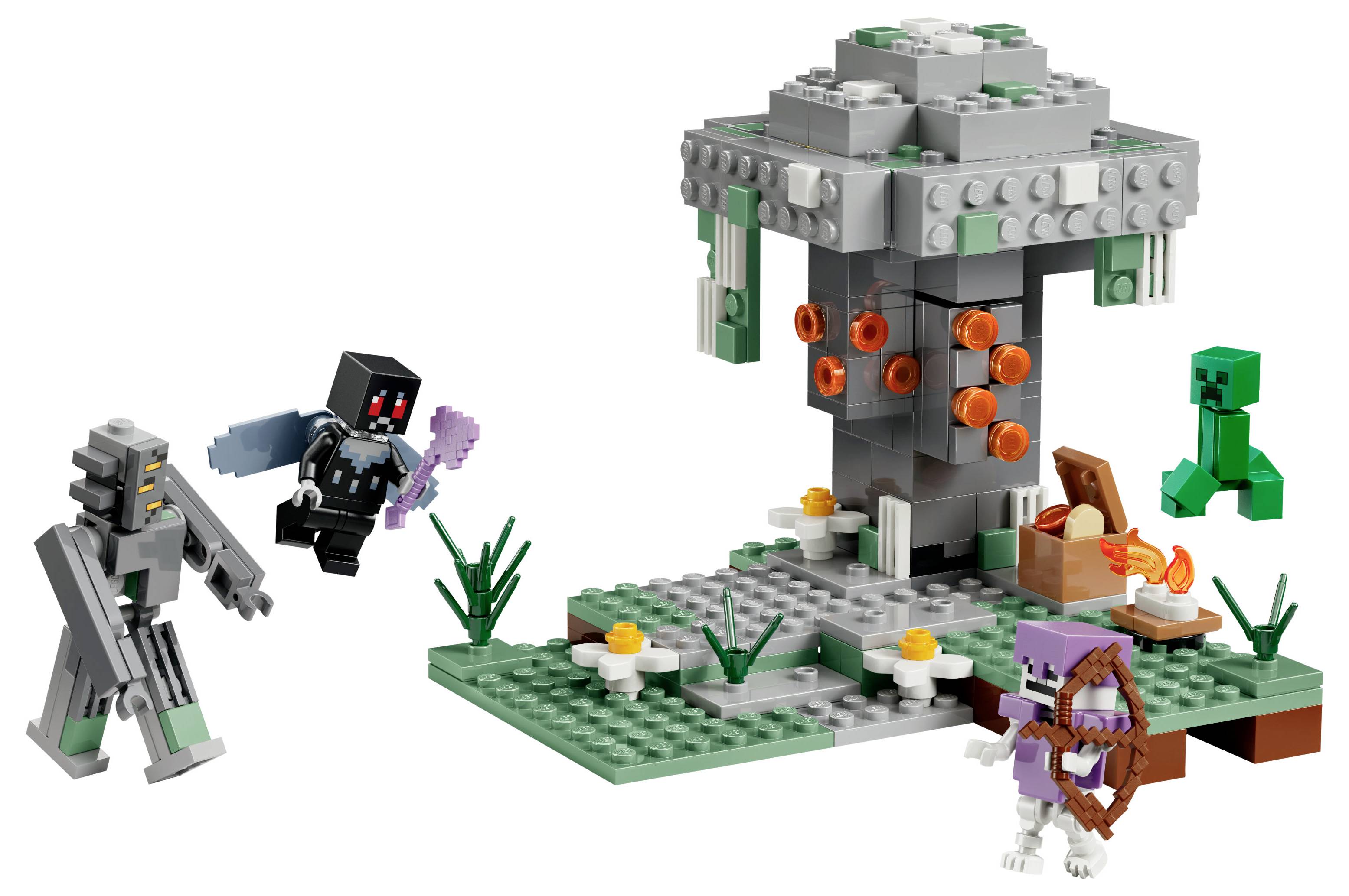 A LEGO scene depicts a Minecraft setting with a mushroom structure, figures, and creatures, including a Creeper and Skeleton holding a bow.