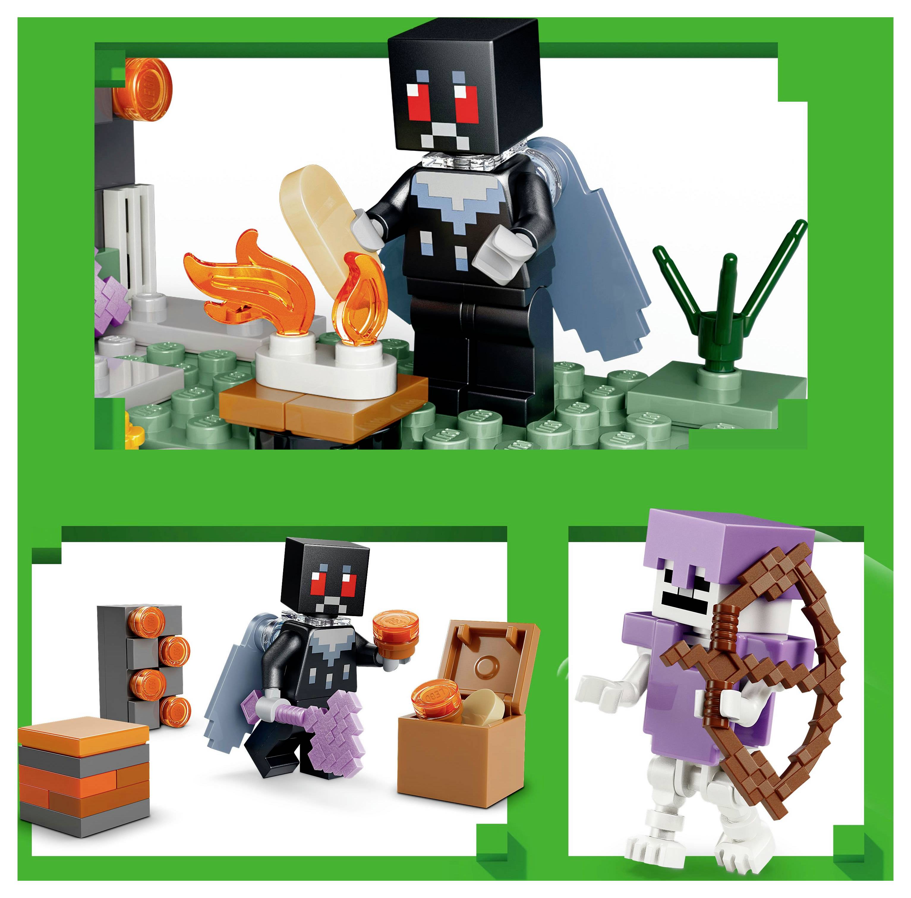 A LEGO scene shows figures cooking over a fire and holding items. One figure has a cape and another is a skeleton with a bow.