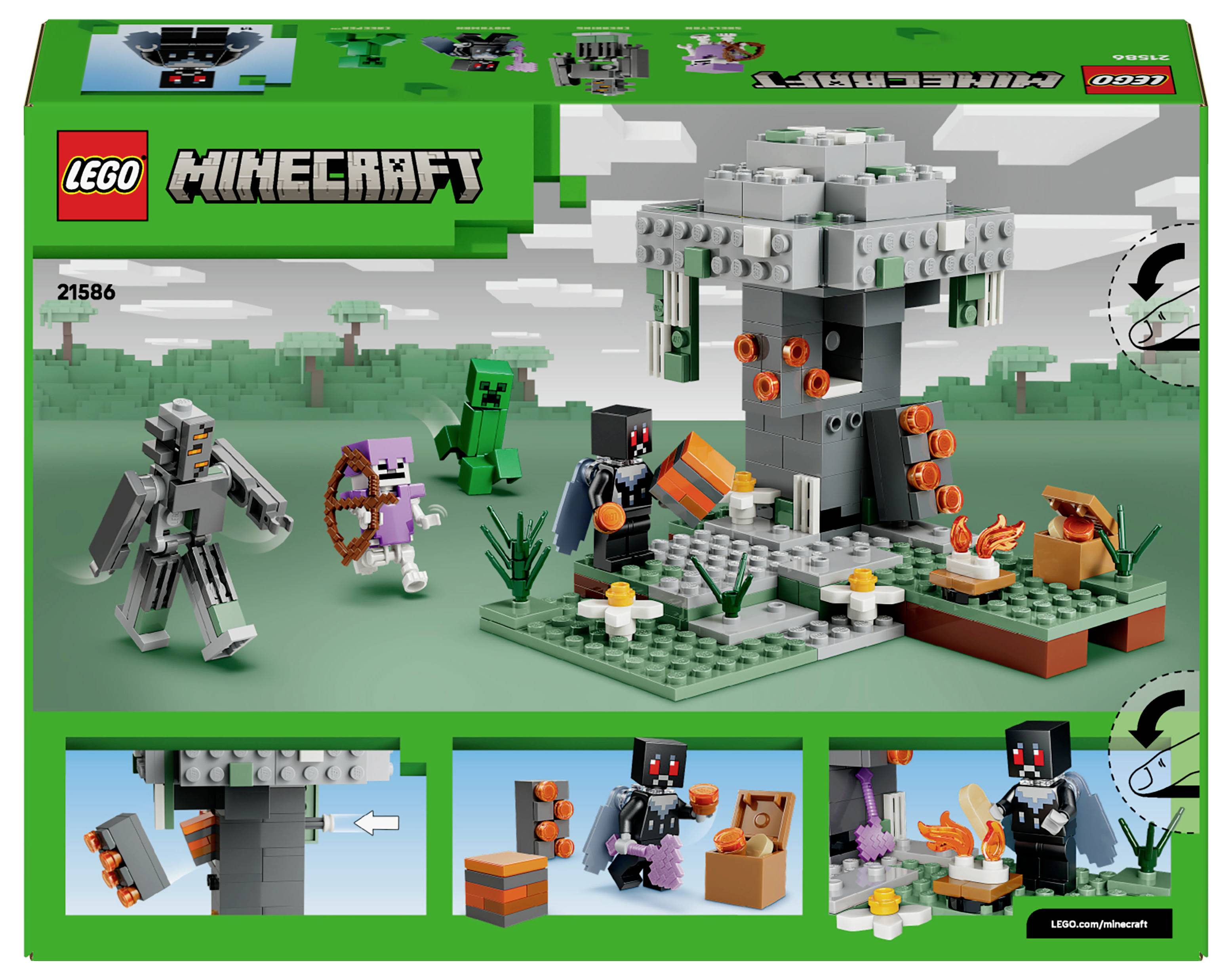 LEGO Minecraft set 21586 box: Features a blocky tree, a character with a bow, a figure with a sword, a creeper, and accessories.