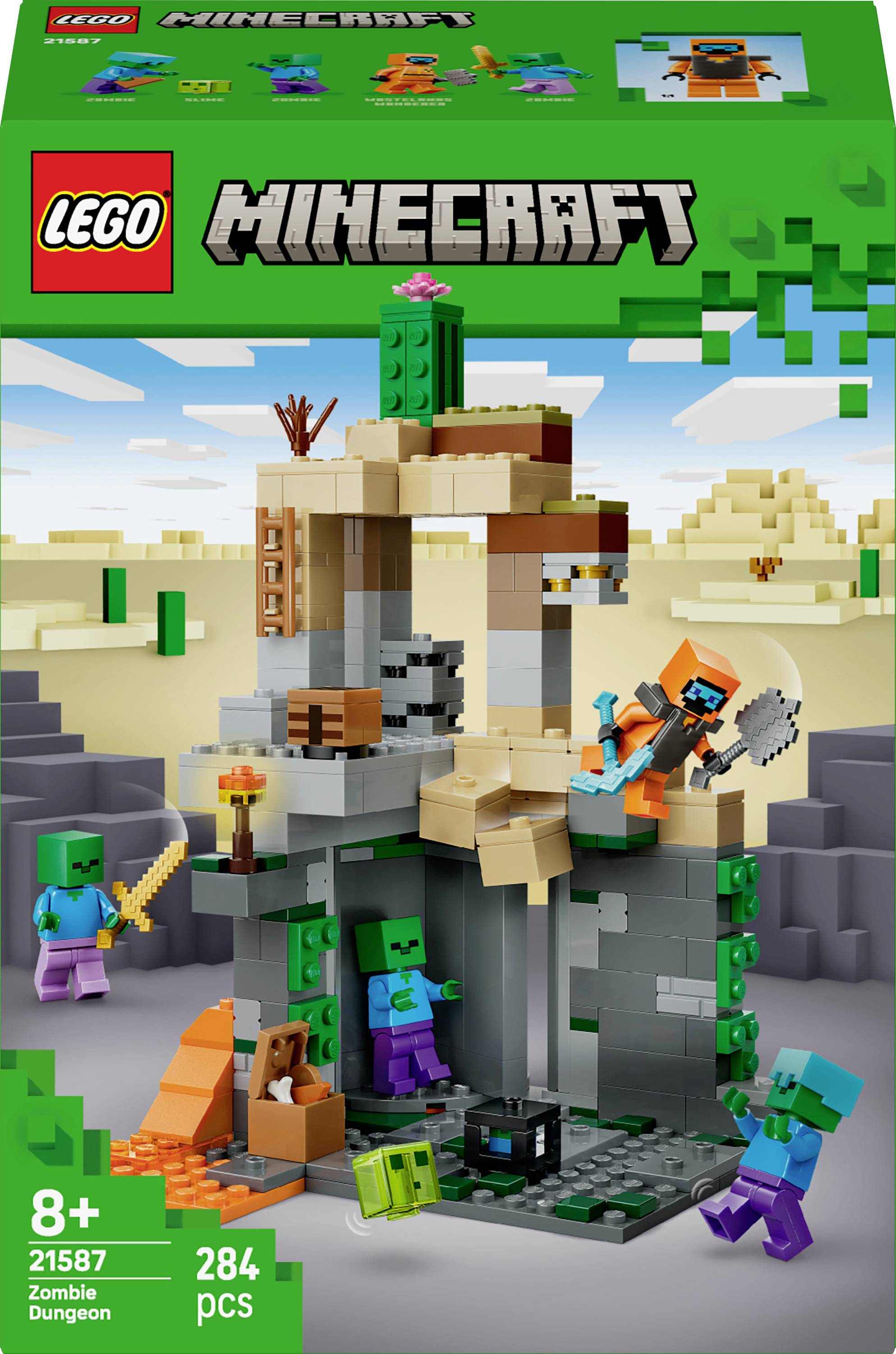 LEGO Minecraft Zombie Dungeon building set box featuring blocky characters battling near a dungeon. Suitable for ages 8+, contains 284 pieces.