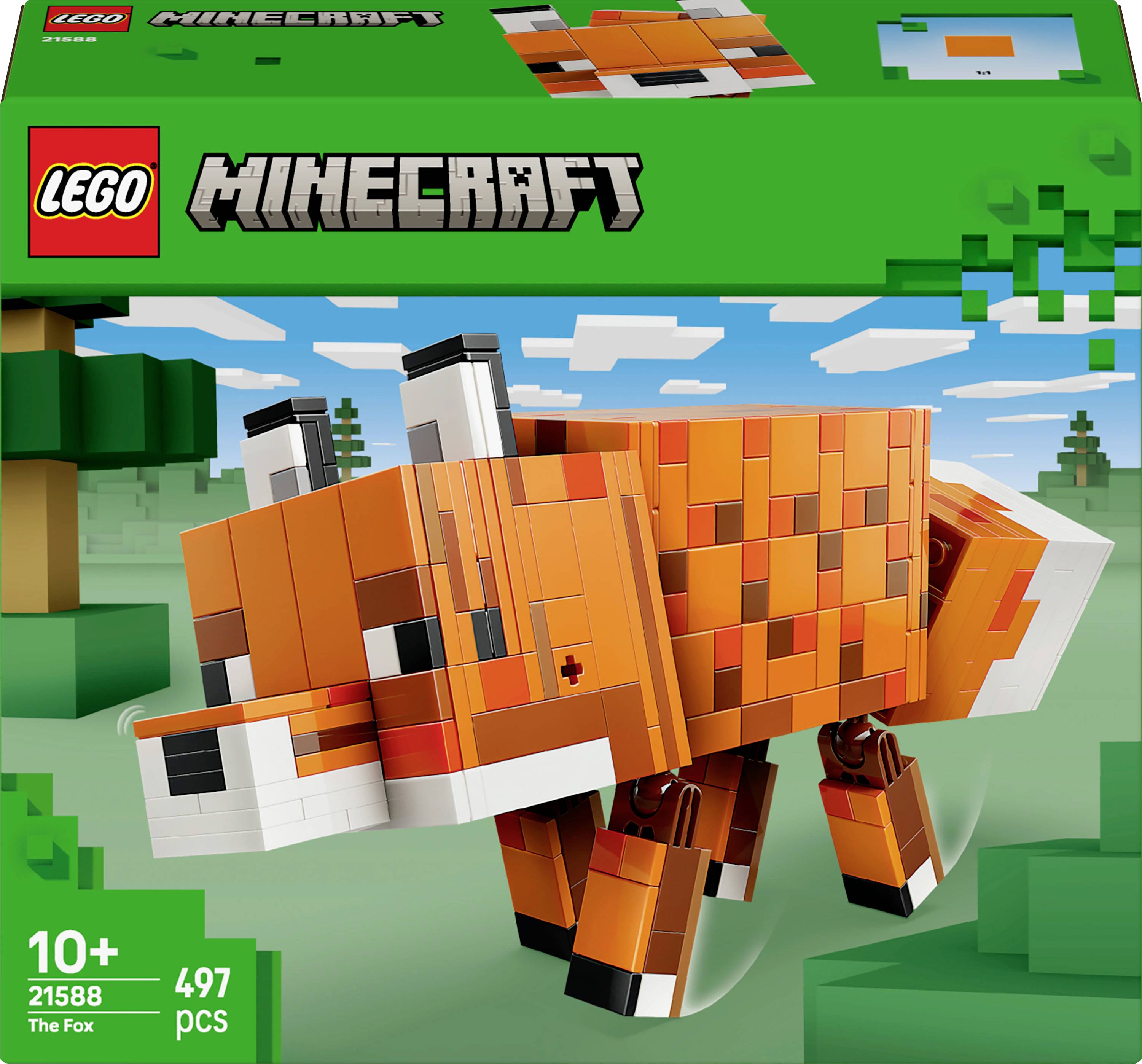 'LEGO Minecraft: The Fox' set box featuring a buildable fox. Contains 497 pieces. Suitable for ages 10 and up.