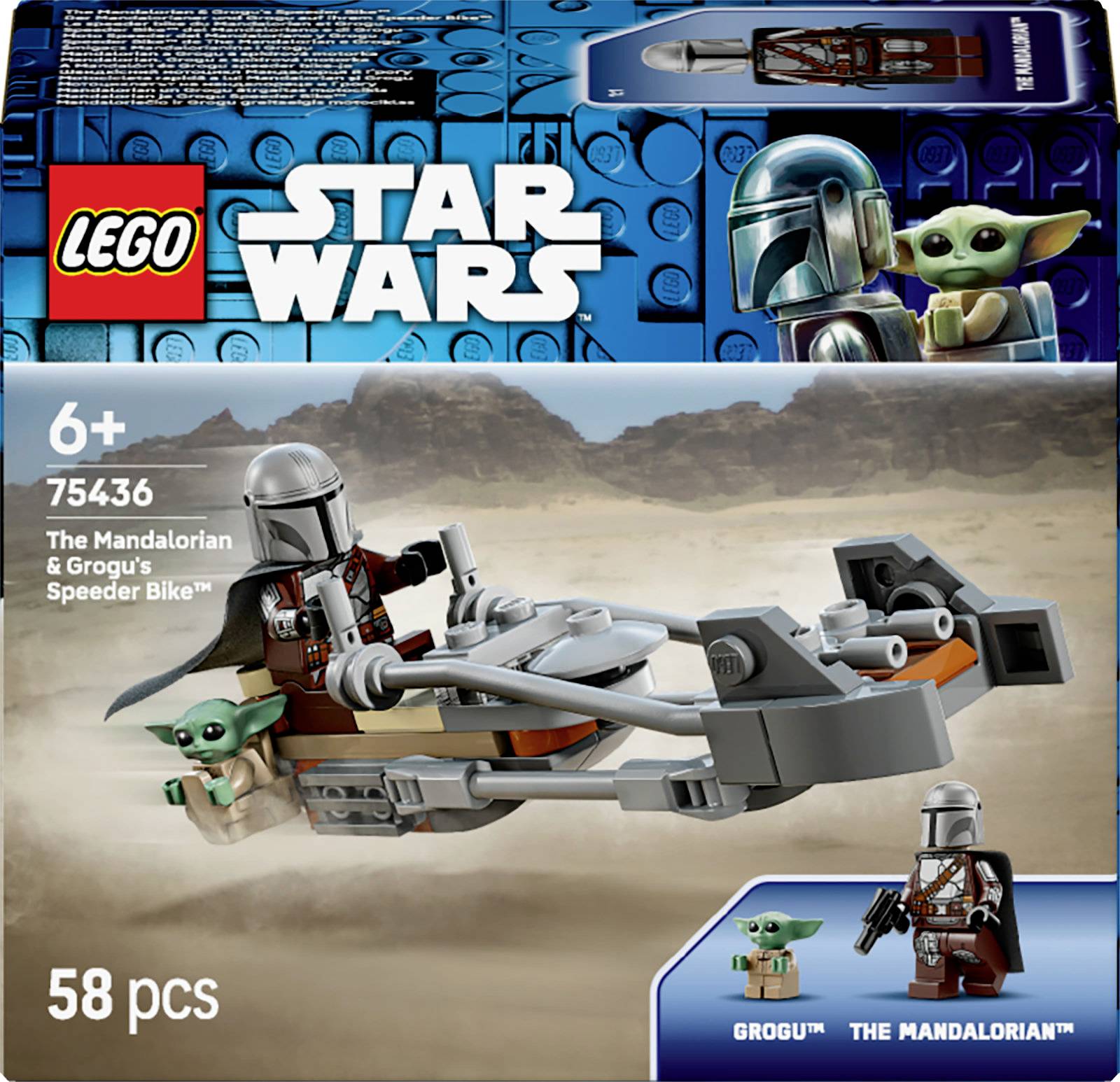 'Lego Star Wars: The Mandalorian & Grogu's Speeder Bike' set with 58 pieces, featuring characters Grogu and The Mandalorian. Suitable for ages 6+.