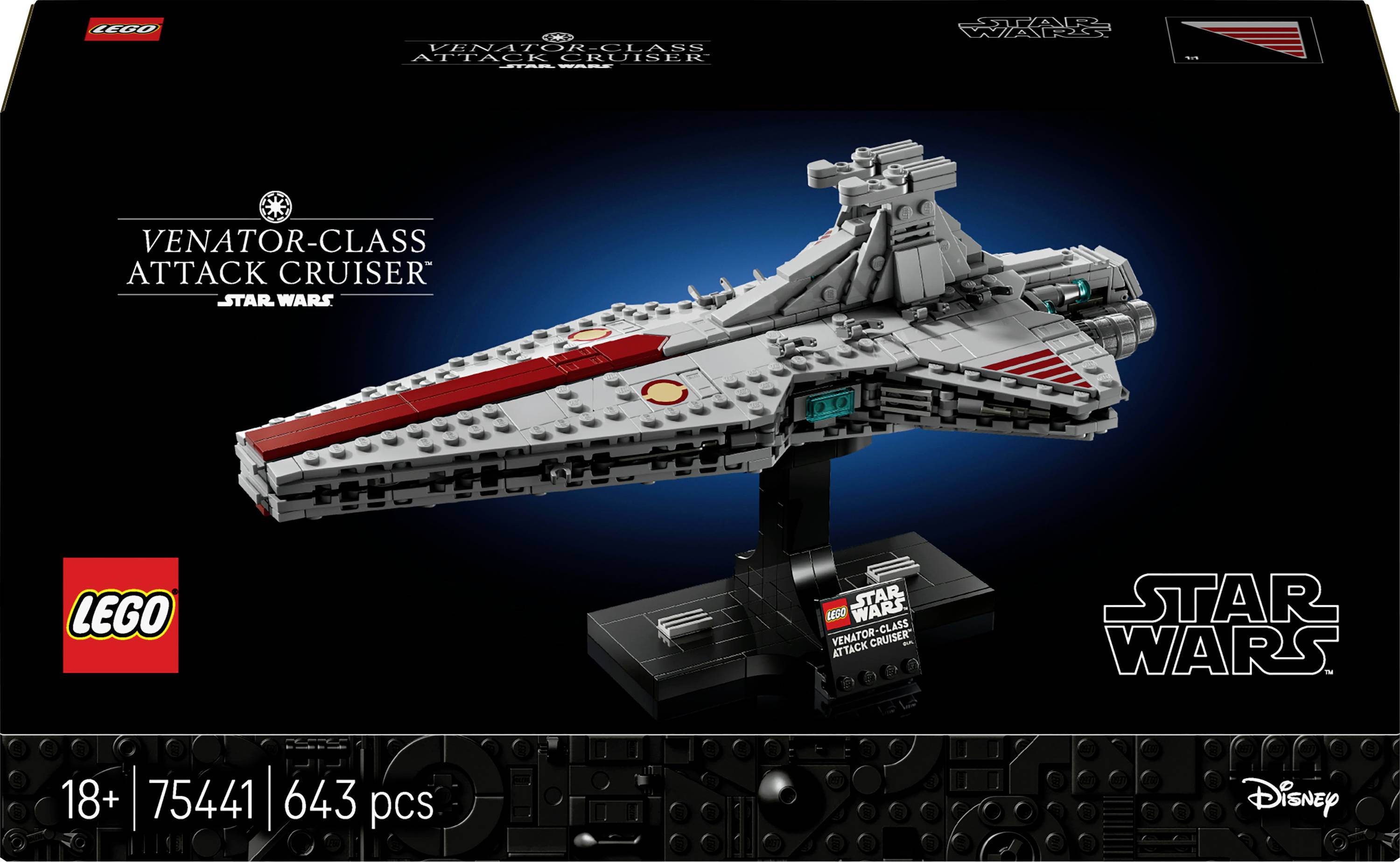 LEGO Star Wars Venator-Class Attack Cruiser set for ages 18+, 643 pieces. Image shows the cruiser model on a display stand.