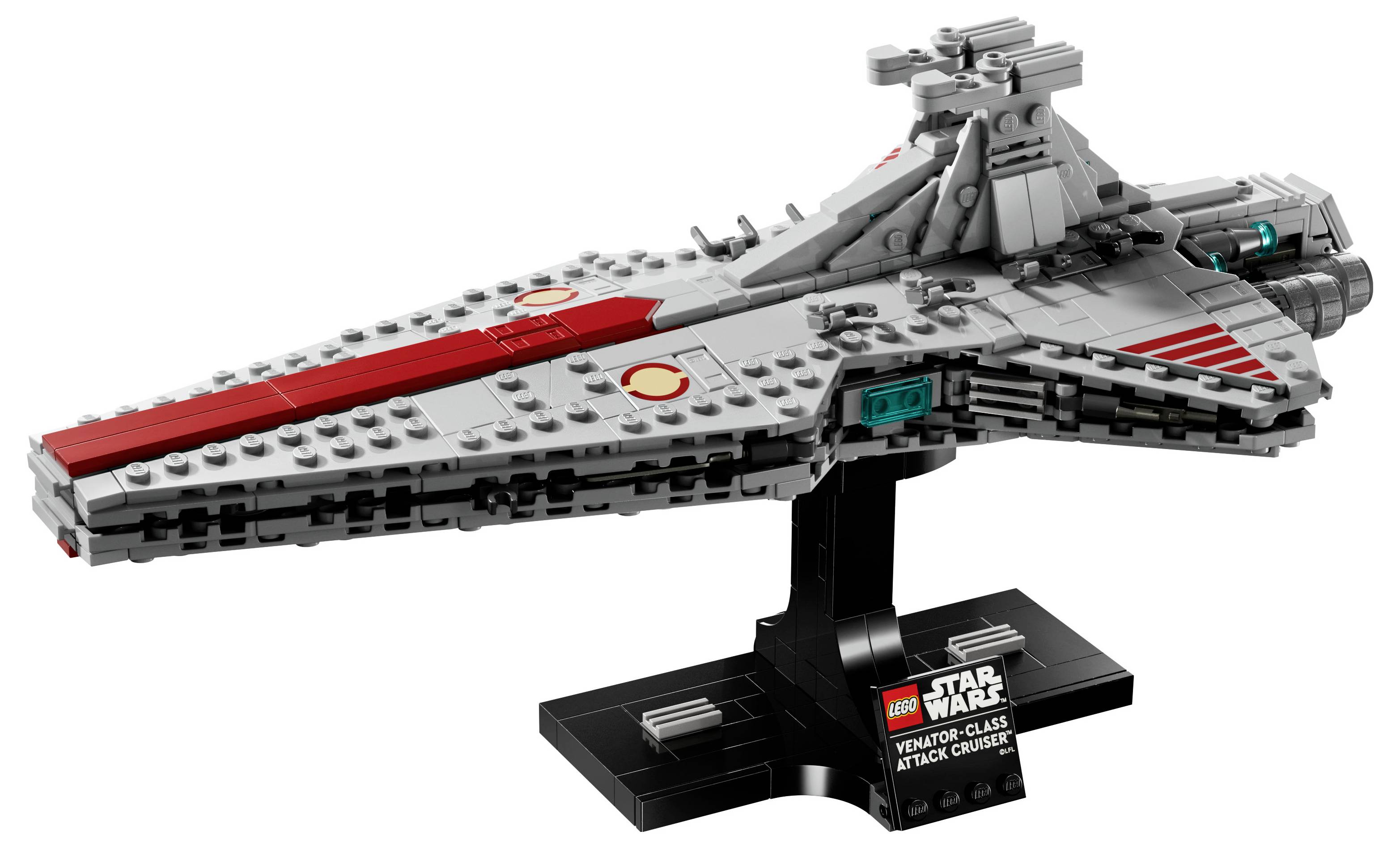 LEGO model of a Star Wars Venator-Class Attack Cruiser on a display stand, featuring gray and red accents, with intricate details.