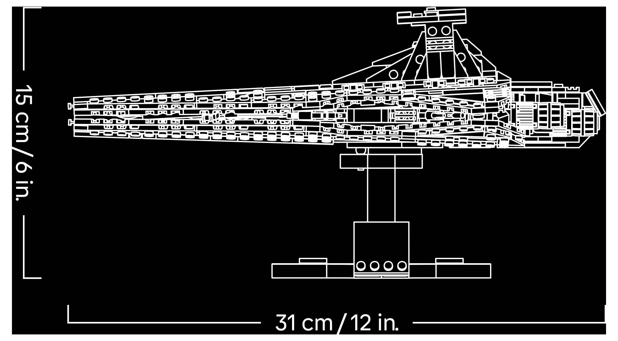 A diagram of a spaceship model showing dimensions: 31 cm (12 in) long and 15 cm (6 in) high. The model is displayed on a stand.