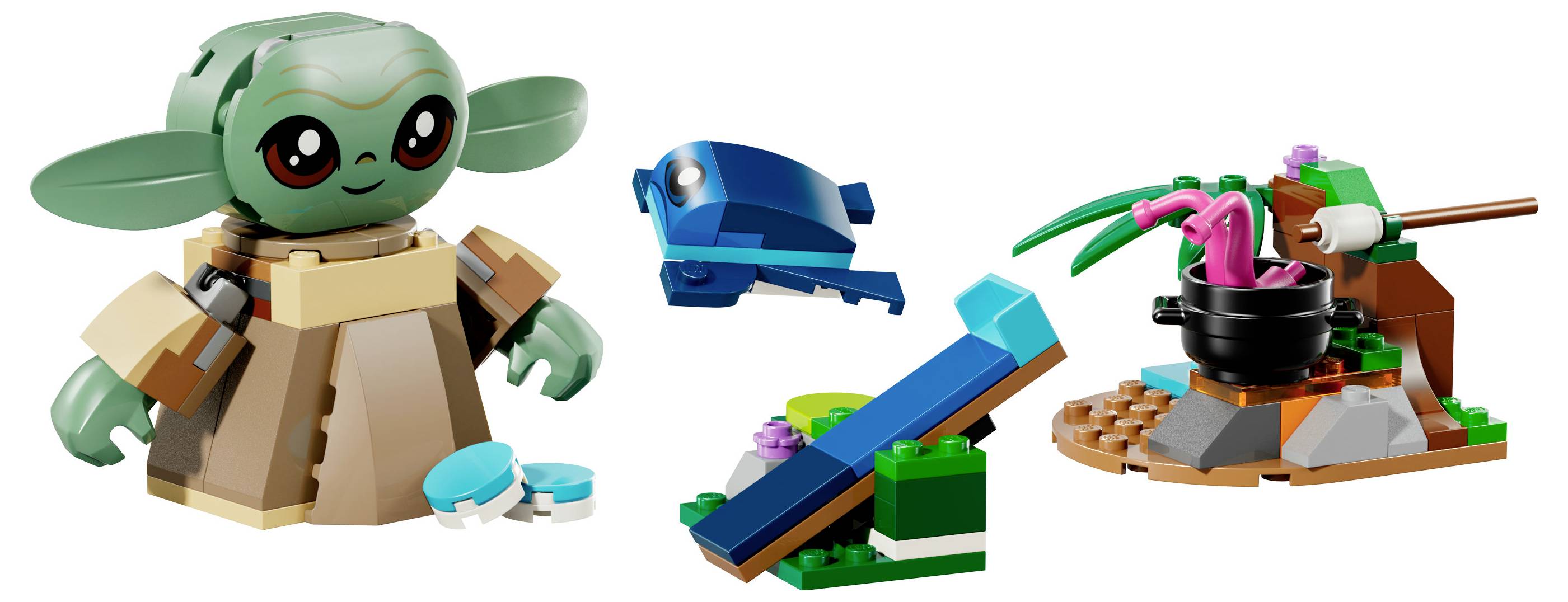 A LEGO set depicting a green character with large ears, a hovering blue vehicle, a ramp, and a small cooking scene with a pot over a fire.