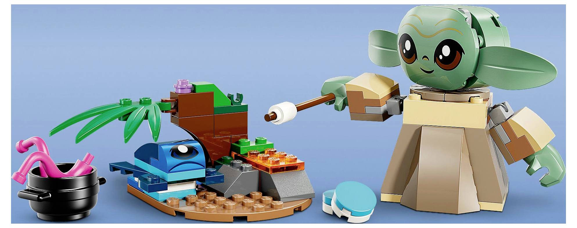 A small, green, round-headed figure with large ears roasts a marshmallow over a blue and brown LEGO campfire scene.