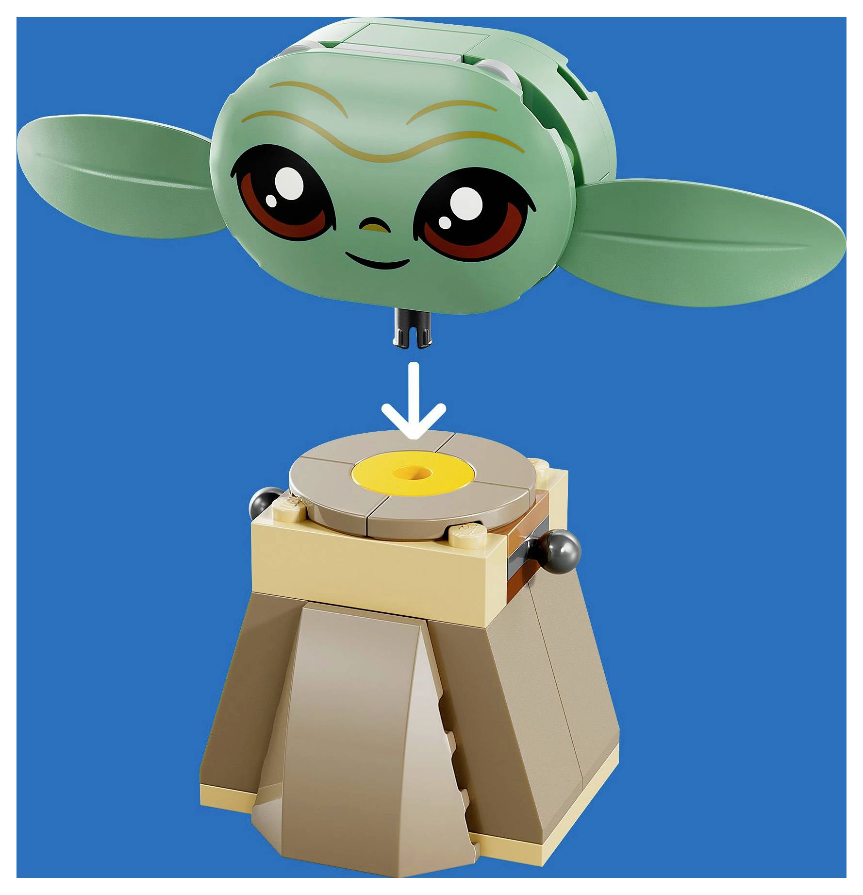 A small green toy figure with large eyes and ears is positioned above a yellow circle on a brown pedestal, set against a blue background.