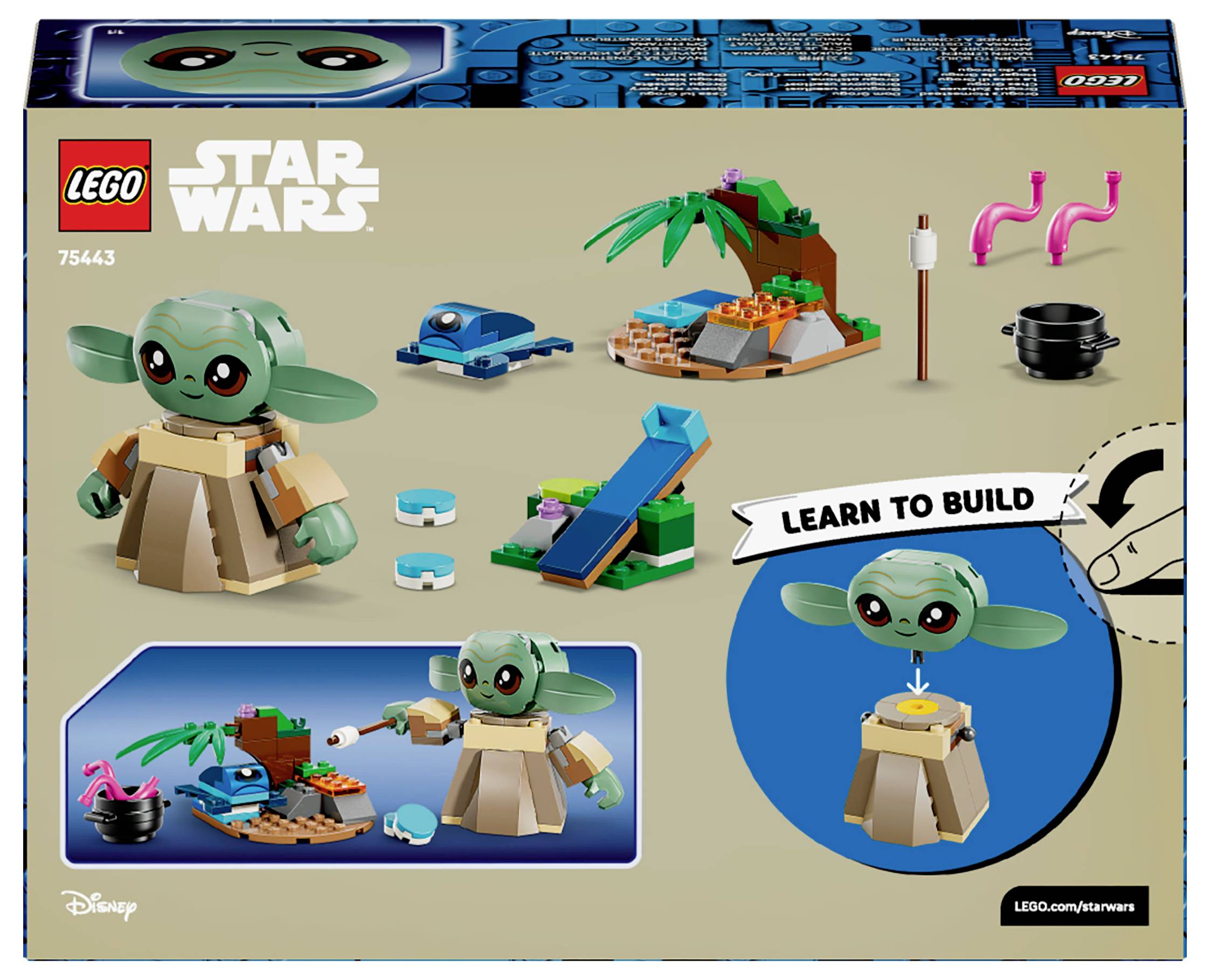 Lego Star Wars 75443: Young alien figure building set, featuring small hut, palm tree, and interactive construction tips.
