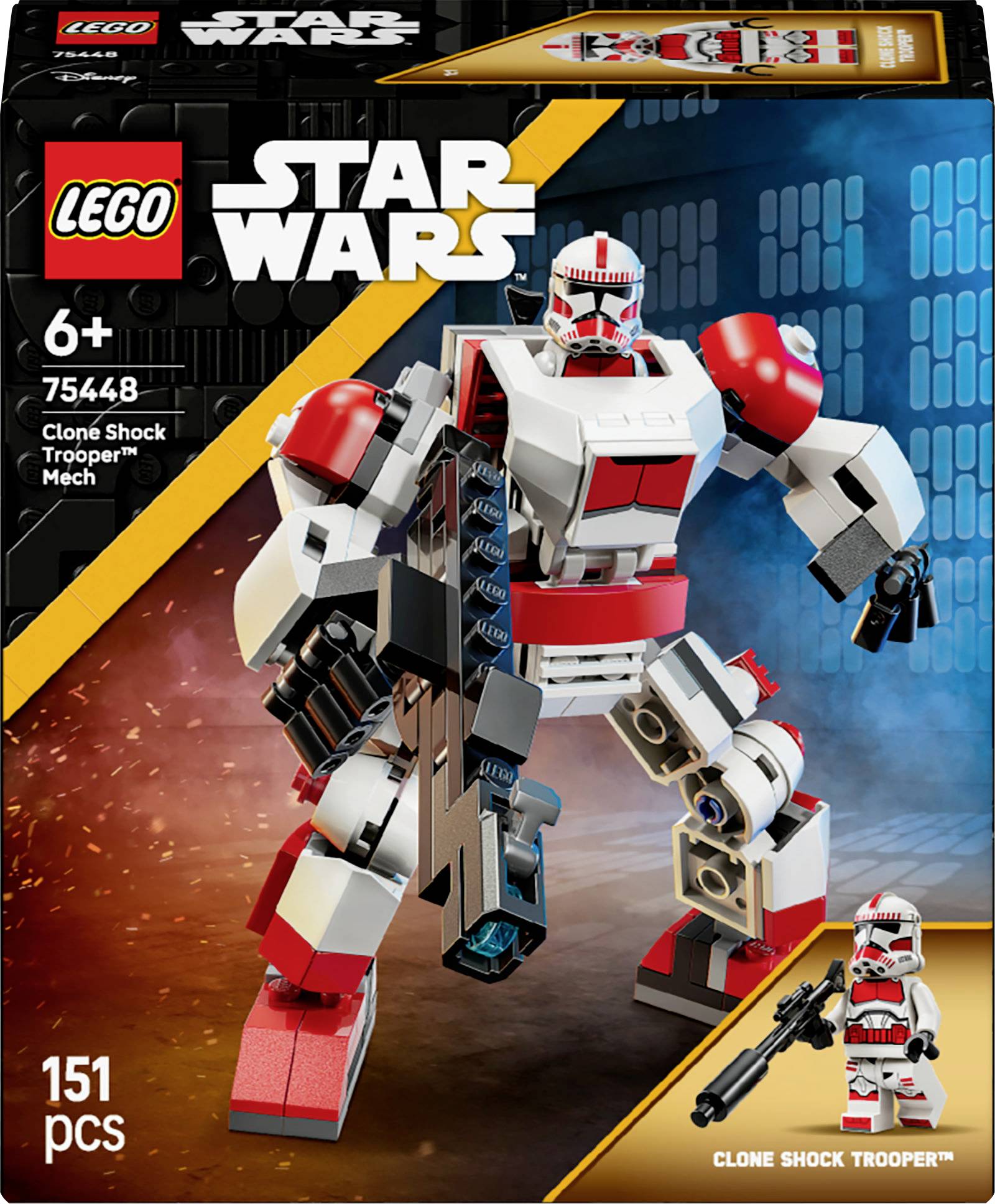 'LEGO Star Wars Clone Shock Trooper Mech' box. Features a buildable red and white mech with a blaster. Set includes 151 pieces. Suitable for ages 6 and up.