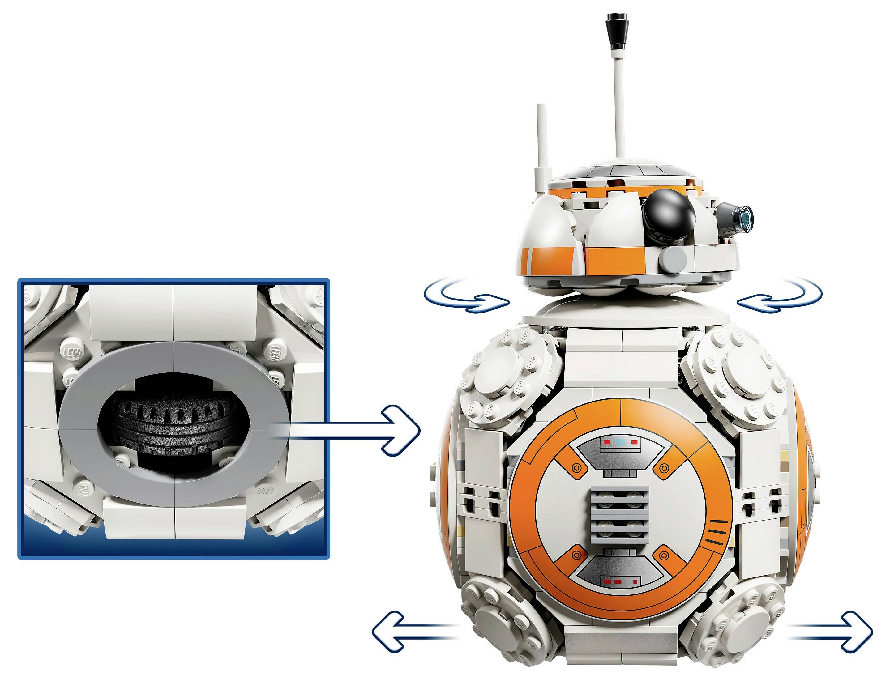 LEGO BB-8 model with rotating head feature and detailed body, highlighted by arrows indicating movement. Inset shows internal gears.